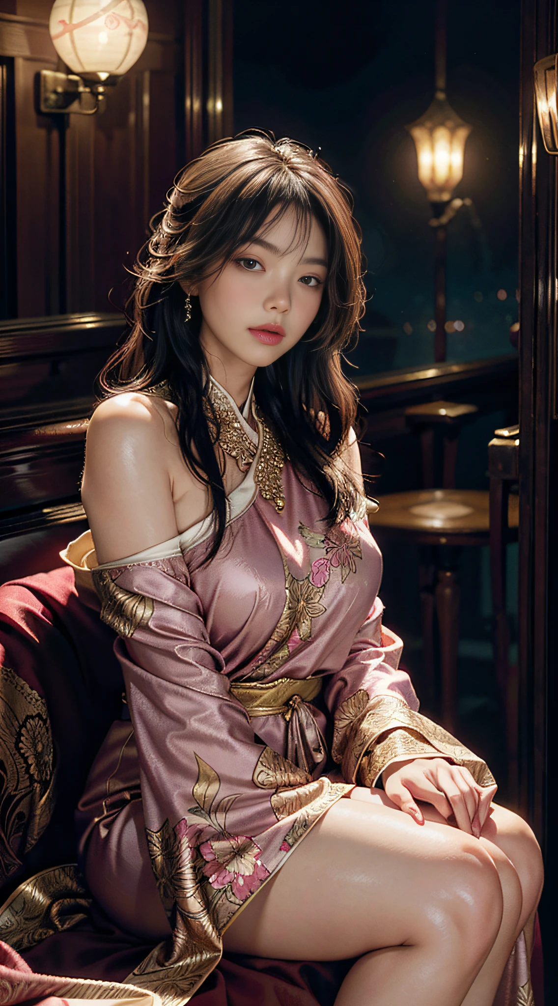 The art depicts a charming woman dressed in a flowing, silky traditional oriental dress, pink, decorated with intricate patterns and bright colors. Her dress drapes elegantly over her curvy figure, accentuating her seductive silhouette. She stood gracefully in the quiet moonlit night, bathed in the soft glow of the moonlight. The scene exudes an ethereal and dreamy atmosphere, with a touch of mystery and sexiness. The graphic style blends watercolor and digital illustration techniques to evoke a refined beauty and charm. The lights are filled with soft moonlight, casting soft highlights and shadows on her charming features. Bare thighs, big breasts, three-dimensional facial features, sitting, upturned legs, clear eyes, tall buildings in the distance