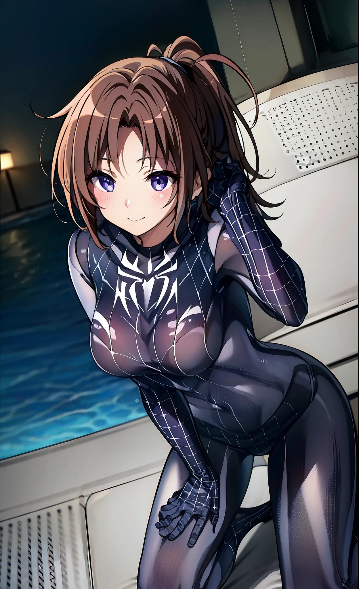 masterpiece, best quality, 8k, highres, 1girl, night, seductive smile, large breasts, tight suit,