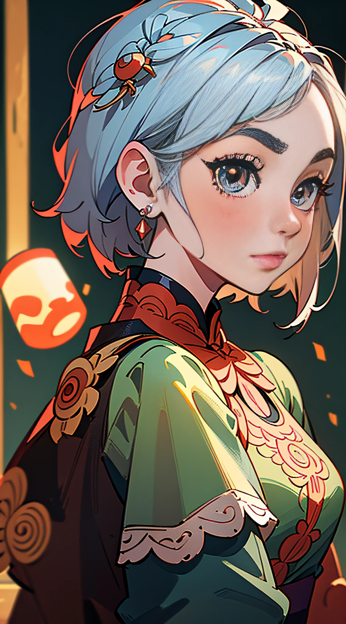 (Masterpiece, Best Quality), Masterpiece, Super Detailed, Super HD, High Quality, Highest Quality, 32k, Chinese Guochao Culture, Guochao Style, Guochao Style, Guofeng Color Matching, ((Delicate and Beautiful Face, Super Pretty)), ((Super Delicate Big Eyes, Focused Eyes))), Maiden in Cheongsam, Red Cheongsam, Epic Composition, Short Silver Hair, Gorgeous Costumes, Intricate Design, Hair Accessories, Earrings, Walking on the Street, Night, Charming Expressions, Upper Body, Close-up, Amazing Facial Features, Short flowing hair, neck exposed, complex design, simple background, background blur, stunning lighting, C4D, OC rendering, movie edge light, fine light,