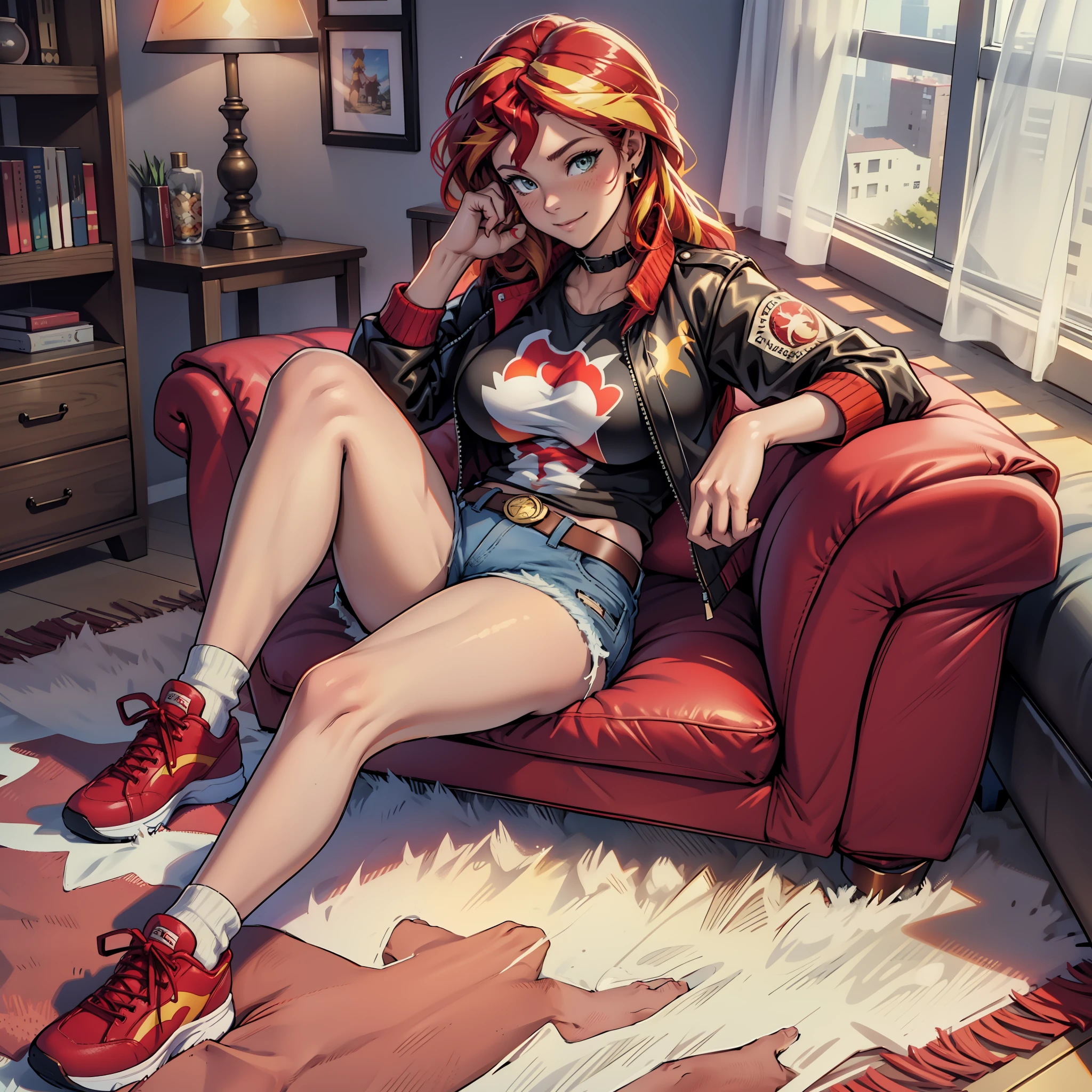 Sunsethuman, Sunset Shimmer, Sunset Shimmer from my little pony, Sunset Shimmer in the form of a girl, big breasts, lush breasts, voluminous breasts, firm breasts, five fingers, detailed hands, two hair tones, red and yellow hair, solo, one character, happy face, sitting on the floor, legs crossed, red jacket, black t-shirt, short denim shorts, red and white sneakers, room, carpet on the floor, red sofa, table