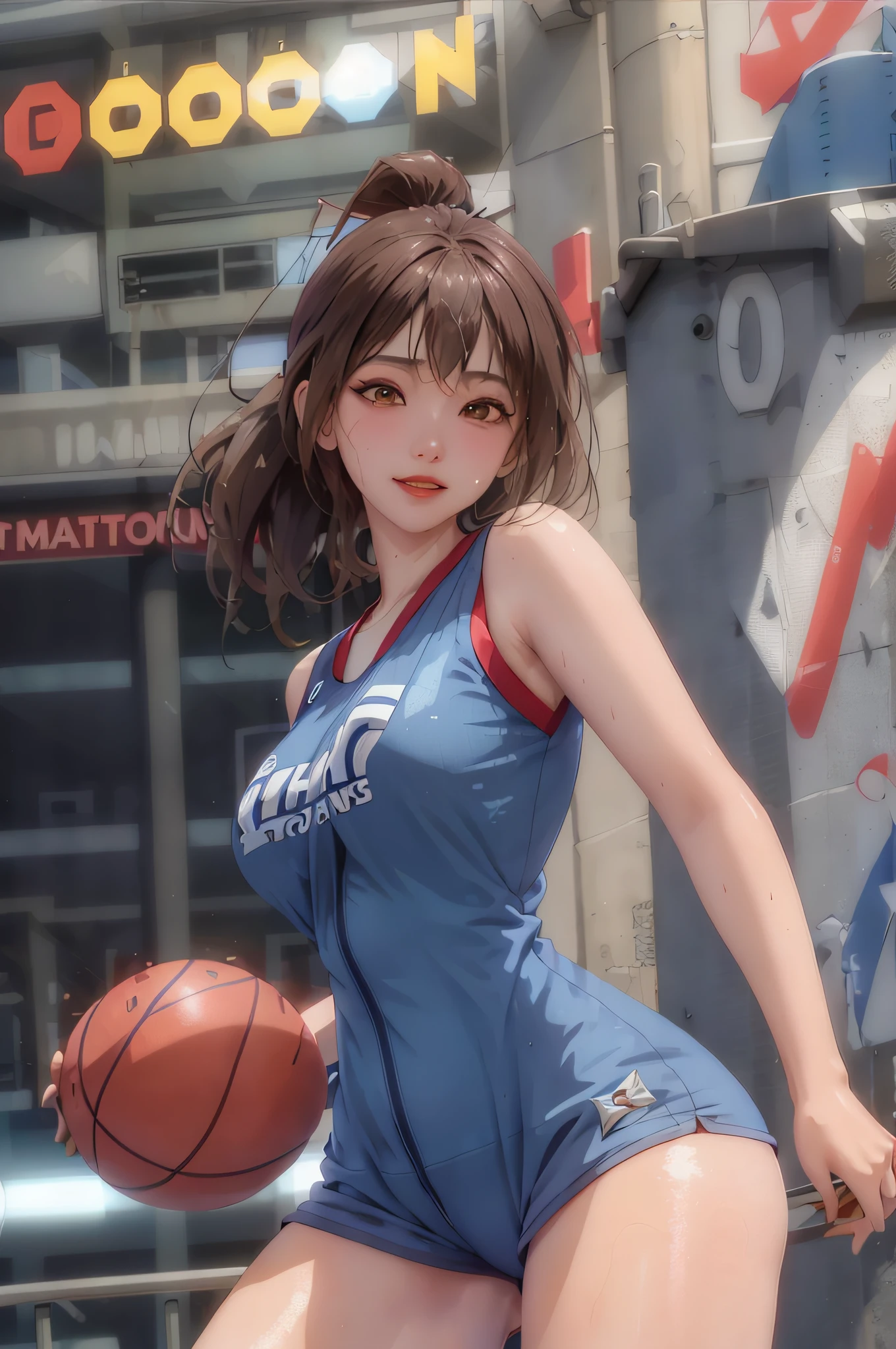 Masterpiece: 1.2, best quality), realistic, (real picture, rich details details, depth of field), (1girl, solo), smile, delicate facial features, makeup, high detail, perfect face shape, (big breasts: 1.4), ( skindentation ), thick thighs, wide hips, thin waist, tall, coral, red lips, red eyes, ponytail, ((((basketball girl, transparent blue basketball suit)))), (sweat: 1.2), (wet), sexy, blushing, sweaty