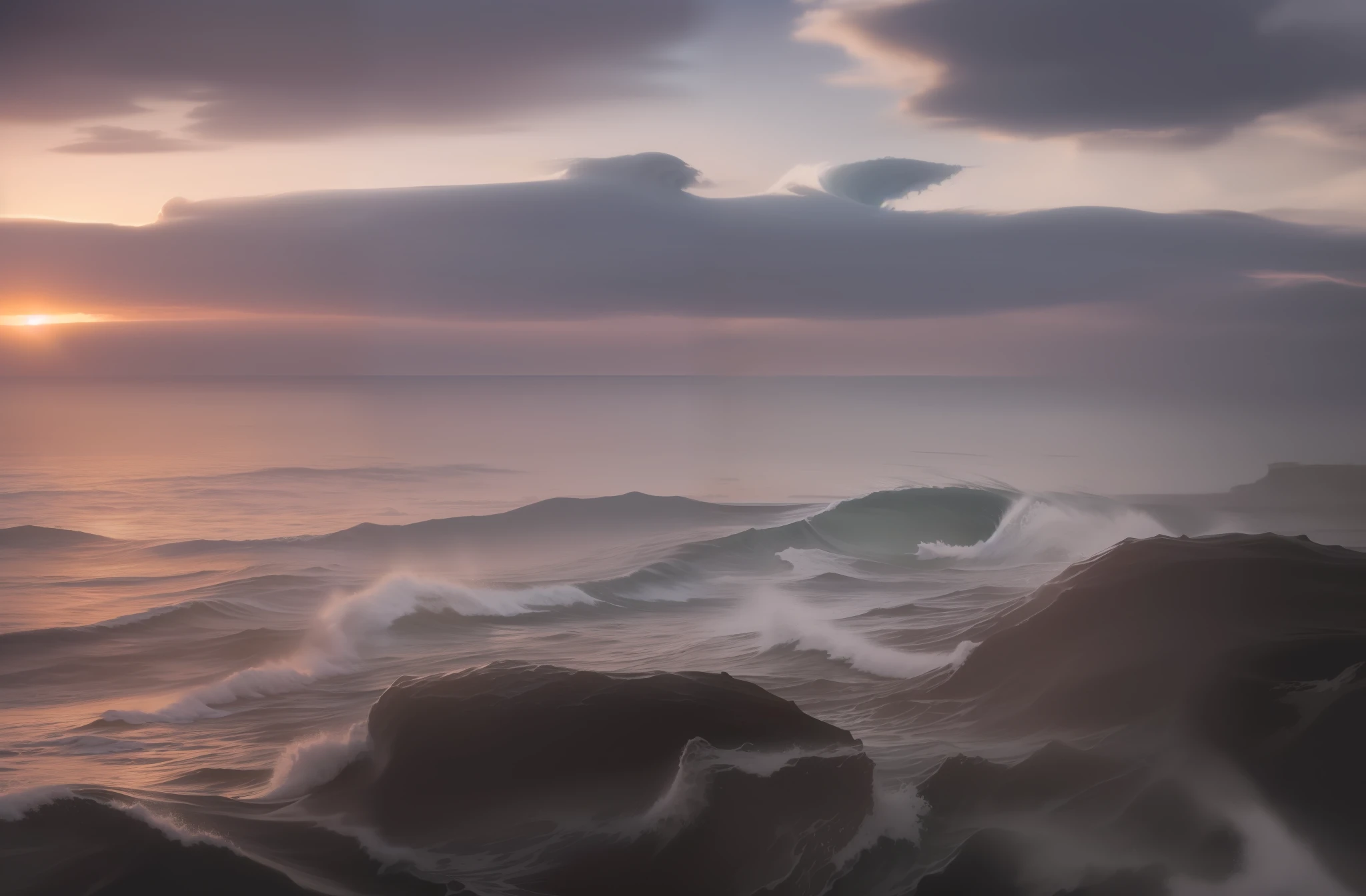 Alavid view of ocean sunset, crashing waves, crest waves and bubbles, soft overflow, clouds and waves, soft waves, cliff sides at dusk, tall backlit waves, sea views, chaotic ocean environment, storm setting, soft sunsets, fade into the horizon