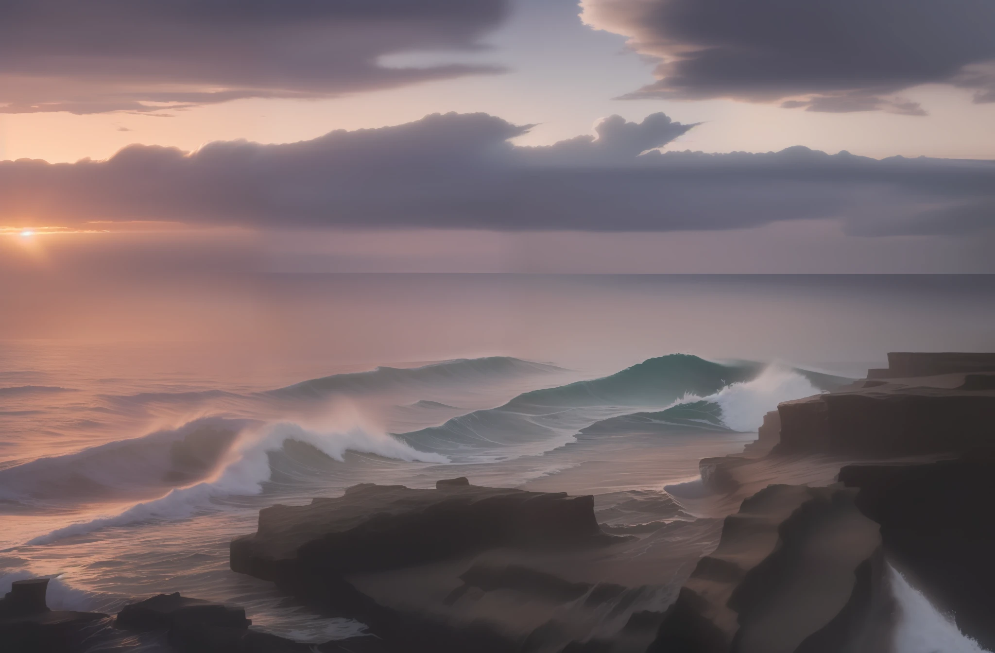 Alavid view of ocean sunset, crashing waves, crest waves and bubbles, soft overflow, clouds and waves, soft waves, cliff sides at dusk, tall backlit waves, sea views, chaotic ocean environment, storm setting, soft sunsets, fade into the horizon