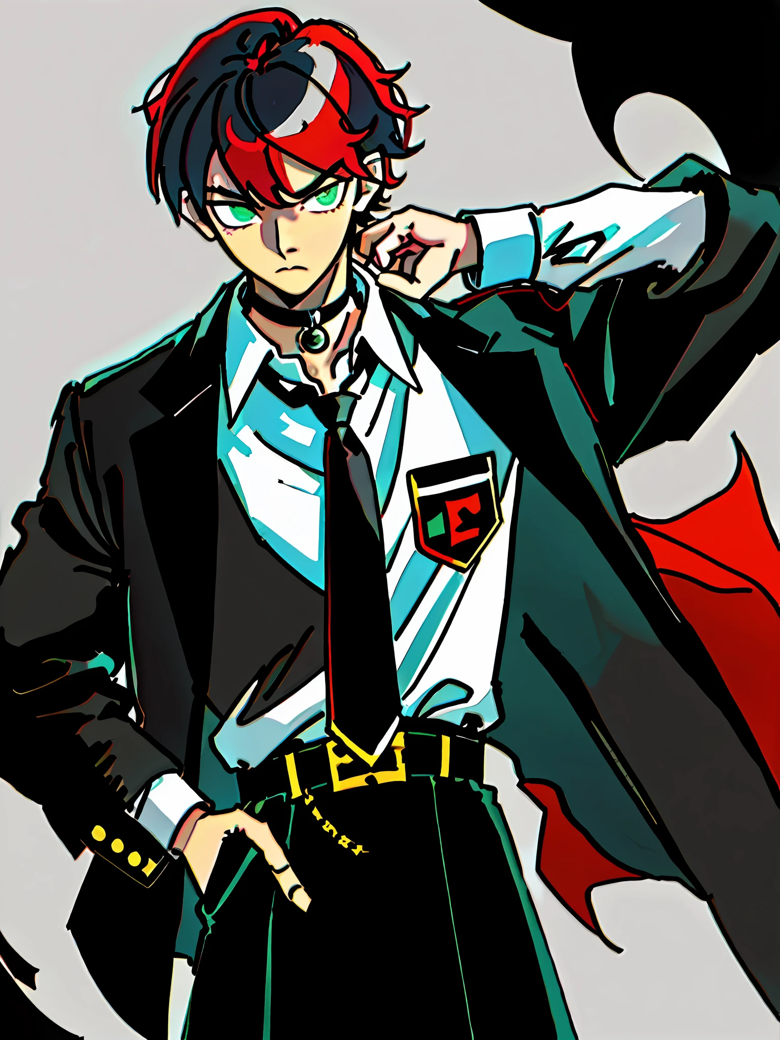 Masterpiece, superlative, bust, a boy, bangs, black choker, black tie, red hair, green eyes, choker, collarbone, collared shirt, dress shirt, eyebrows visible through hair, cold expression, short, loose tie, tie, wrist red cord, school uniform, shirt, white shirt, white background, (magazine: 1.3), (cover style: 1.3), boy, pose, front, colorful