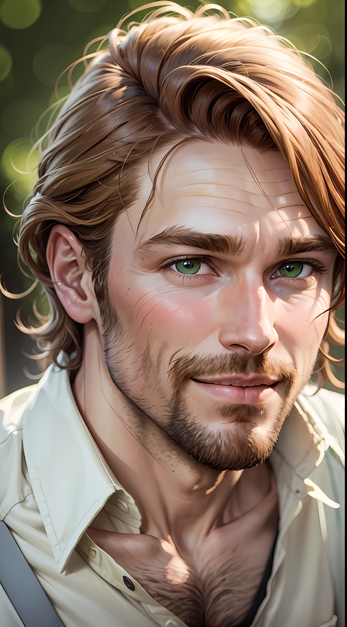 Realistic portrait of a 35-year-old Caucasian man, with medium-length chestnut hair, wearing a casual shirt. The eyes are brown-green with a blue outline. The man smiles and looks directly at the camera against a plain background like a green screen. --auto --s2