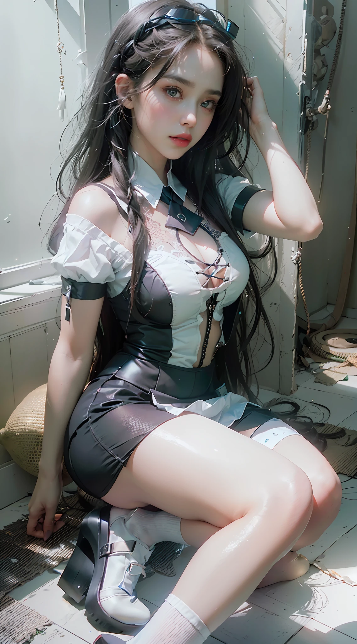 ((Best Quality)), ((Masterpiece)), (Details: 1.4), 3D, A Beautiful Single Beauty, (Blue-black Super Long Hair, Braided 1.6), (White Shirt, Black Pencil Skirt: 1.7), (White Stockings, Two Beautiful Legs: 1.6), (Kneeling, High Heels: 1.4) (Red Lip: 1.2) HDR (High Dynamic Range), Ray Tracing, NVIDIA RTX, Super-Resolution, Unreal 5, Subsurface scattering, PBR textures, post-processing, anisotropic filtering, depth of field, maximum sharpness and sharpness, multi-layer textures, albedo and highlight maps, surface shading, accurate simulation of light-material interactions, perfect proportions, Octane Render, two-color light, large aperture, low ISO, white balance, rule of thirds, 8K RAW,