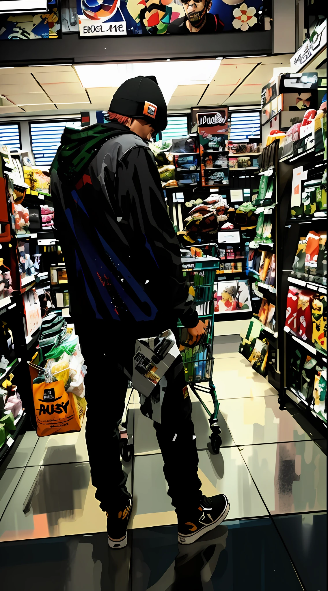 there is a man that is walking in a store with a skateboard, stood in a supermarket, [ digital art ]!!, digital art!!, high resolution!!, digital art - n 9, digital art - n 5, anime style mixed with fujifilm, digitally painting, sharp digital painting, inspired by Liam Wong, 7 0 mm. digital art, digitally painted