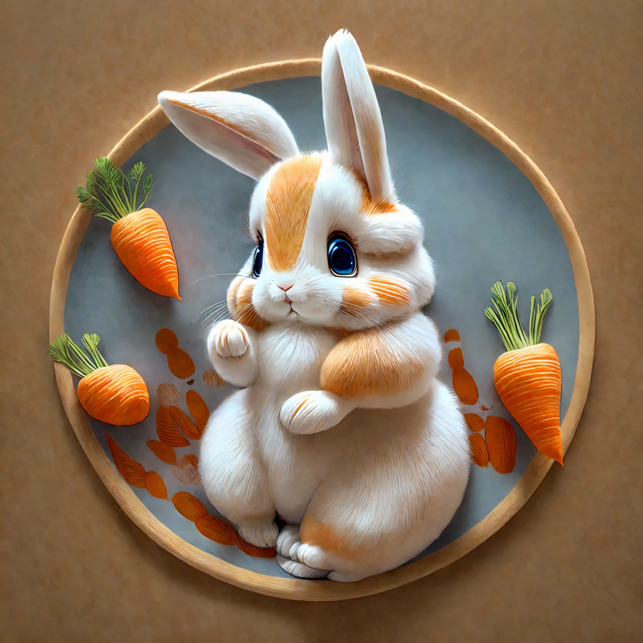 Generate an adorable rabbit character with round, expressive eyes and a fluffy, cotton-like tail. Give it a playful pose, nibbling on a carrot with a mischievous grin. (--prompt "Create an adorable rabbit character inspired by the illustrations in 'Inai Inai Baa' by Miyoko Matsutani. Emphasize round, expressive eyes, a fluffy, cotton-like tail, and a playful pose as it nibbles on a carrot with a mischievous grin.") --auto --s2