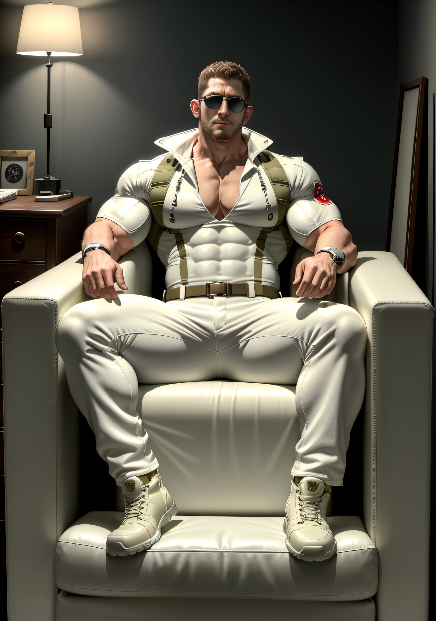 Character Design (Resident Evil - Chris Redfield, Chris Redfield) wears a handsome rice cream white camouflage suit, lying on a cream white soft sofa massage chair with a sad expression, muscle male hero, heroic male pose, tall and burly, muscular! Wearing sunglasses, sexy charming muscular leg muscles, tall burly, handsome off-white camouflage suit, super gain and cool, high resolution committee, cream white military boots, attractive strong male, bright moonlight on the body, lonely