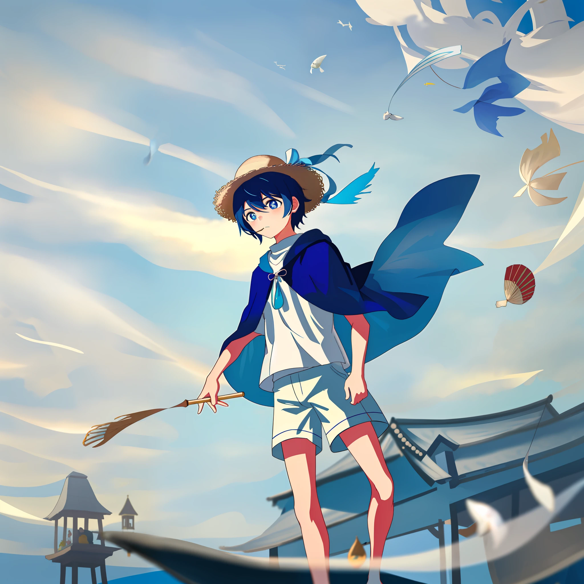 On the back of a giant floating whale, a small Shota sits and plays a flute, wearing short-sleeved shorts and white and blue gradient pupils. His straw hat hung with wind chimes and streamers and a long cloak. Surrounded by countless schools of swimming fish, the picture is dreamy and standing in style.