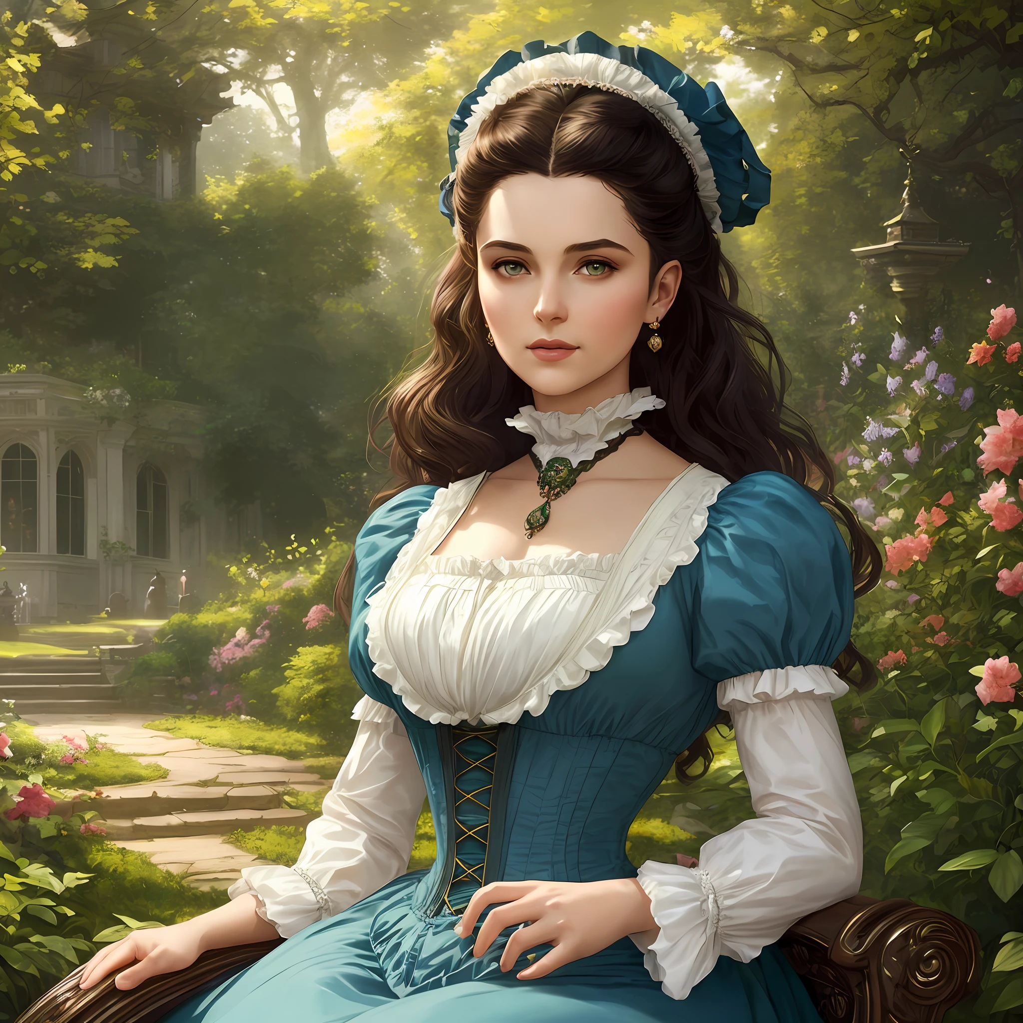 masterpiece one stunning delicate and curvy young woman 20 years old, wearing british victorian lady riding outfit, blue dress, ruddy skin, dark brown straight medium hair, detailed perfect almond-shaped emerald green eyes, perfect sensual and full lips, resemblance to scarlett ohara, looking up, ((sunny victorian mansion garden background)), full body, cover, hyperdetailed painting, luminism, Bar lighting, complex, 4k resolution concept art portrait by Greg Rutkowski, Artgerm, WLOP, Alphonse Mucha: a stunning realistic photograph 18 years
