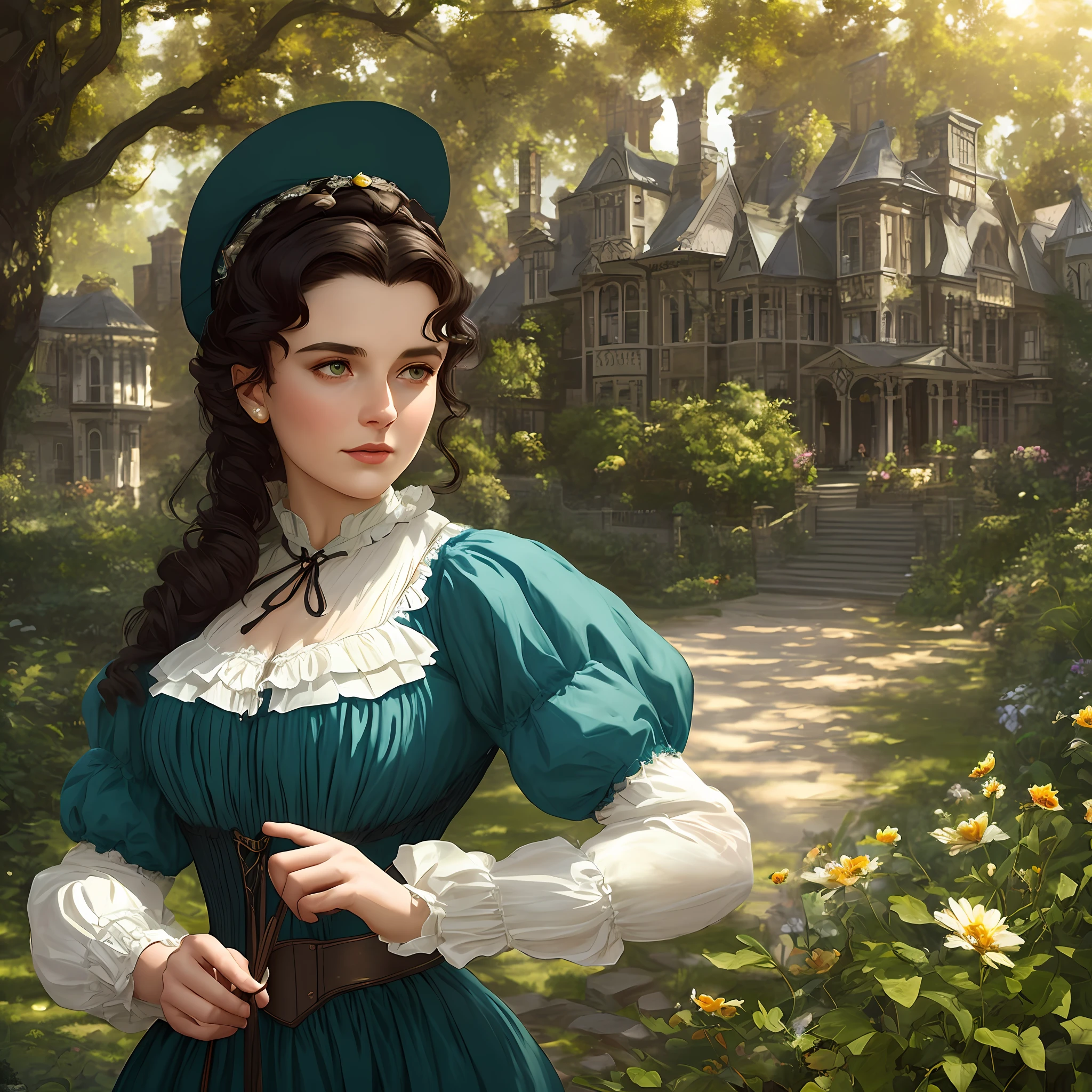 masterpiece one stunning delicate and curvy young woman 20 years old, wearing british victorian lady riding outfit, blue dress, ruddy skin, dark brown straight medium hair, detailed perfect almond-shaped emerald green eyes, perfect sensual and full lips, resemblance to scarlett ohara, looking up, ((sunny victorian mansion garden background)), full body, cover, hyperdetailed painting, luminism, Bar lighting, complex, 4k resolution concept art portrait by Greg Rutkowski, Artgerm, WLOP, Alphonse Mucha: a stunning realistic photograph 18 years