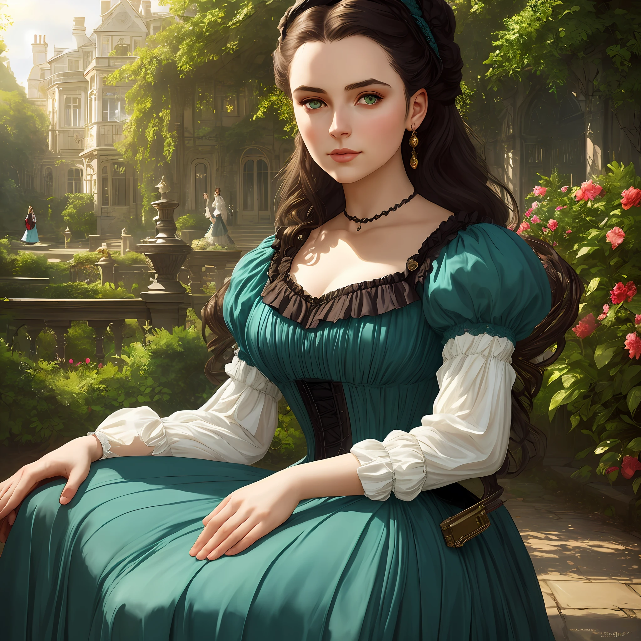 masterpiece one stunning delicate and curvy young woman 20 years old, wearing british victorian lady riding outfit, blue dress, ruddy skin, dark brown straight medium hair, detailed perfect almond-shaped emerald green eyes, perfect sensual and full lips, resemblance to scarlett ohara, looking up, ((sunny victorian mansion garden background)), full body, cover, hyperdetailed painting, luminism, Bar lighting, complex, 4k resolution concept art portrait by Greg Rutkowski, Artgerm, WLOP, Alphonse Mucha: a stunning realistic photograph 18 years