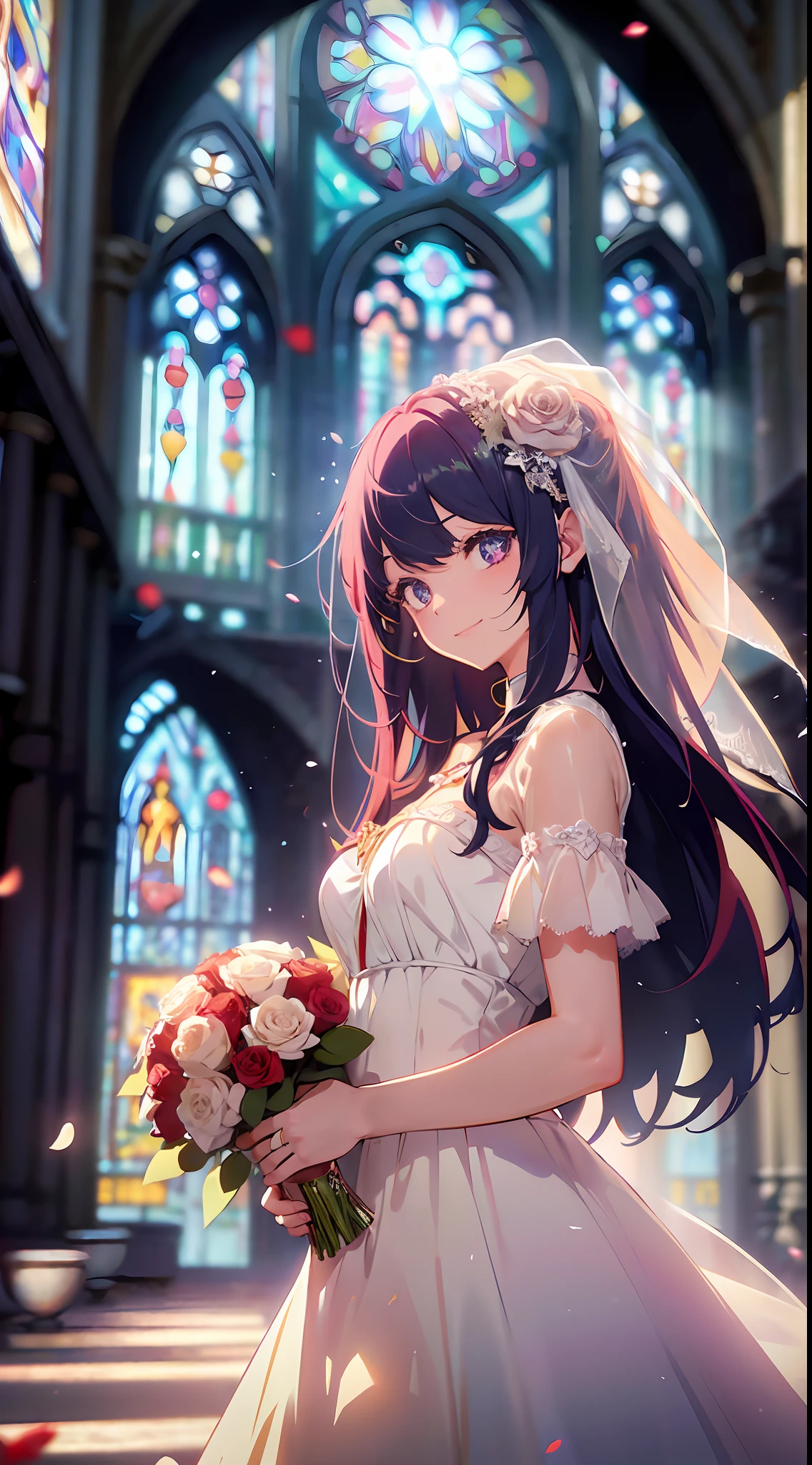 A maiden holding a bouquet: 1.2), wearing a wedding dress, dress translucent, bride, (wedding dress: 1.1), eyes glowing with floating hair, holding a bouquet, (faint smile: 1.3), magical girl, (church), stained glass background, (rose petals), fantasy, looking at the audience, (Particles: 0.7), Side Light, Tyndall Light, (Masterpiece, Flat Color, Color: 1.0), (Best Quality: 1.2), (High Accuracy: 1.1), 8K Resolution, Rich Detail, Perfect Light and Shadow, Clear Background, Noise Reduction