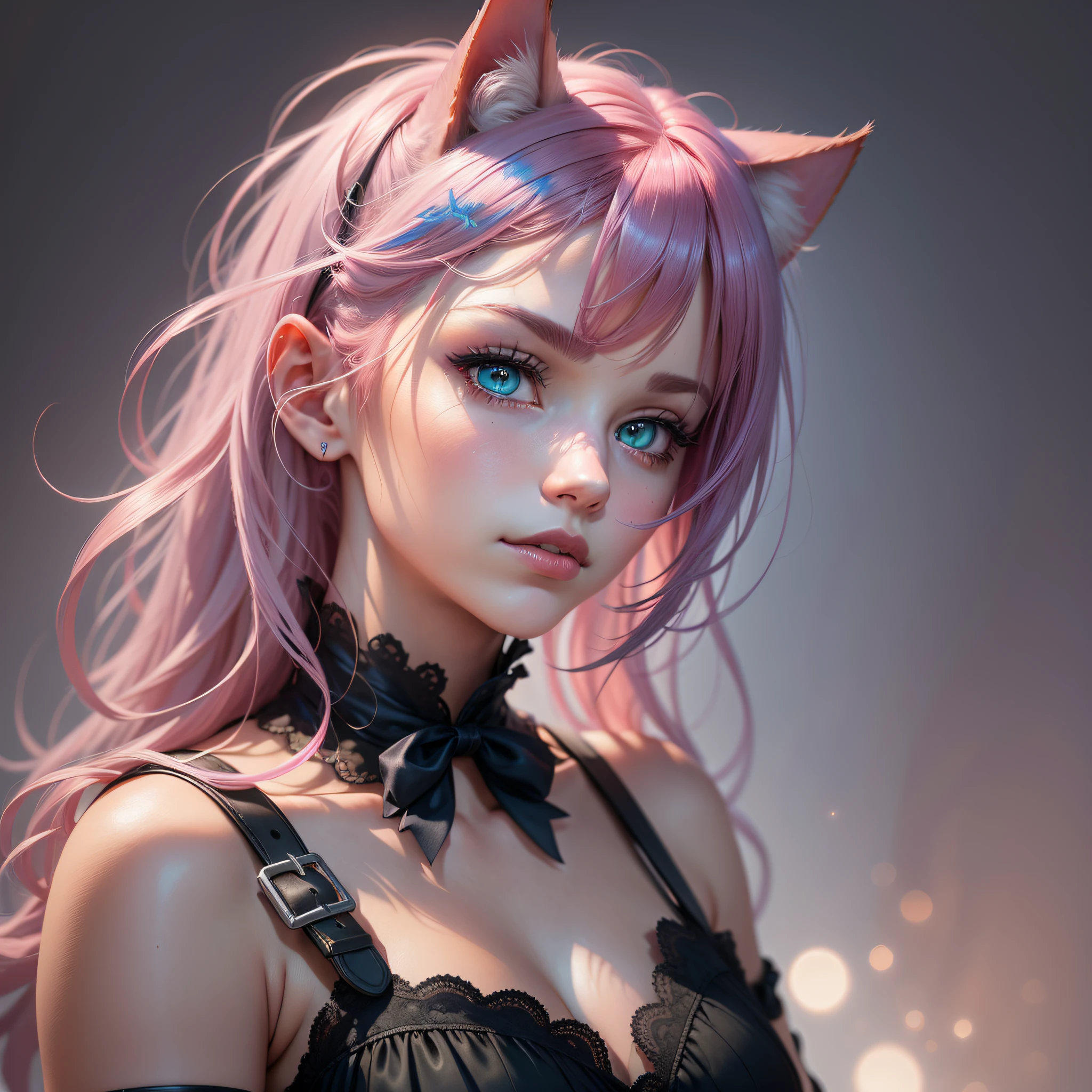 Masterpiece, best quality, dark environment, backlight, blue moon, cat, cat head, pink cat hair, (pink hair) (very detailed CG unified 8k wallpaper), (best quality), (best illustration), bow over cat man, close-up, focused face, depth of field, blurred background, black forest, (best shadow), detailed green eyes, absurdity, realistic lighting, (abyss), fine detail, works by Peter Morebach, fog, fog, fog, --auto --s2