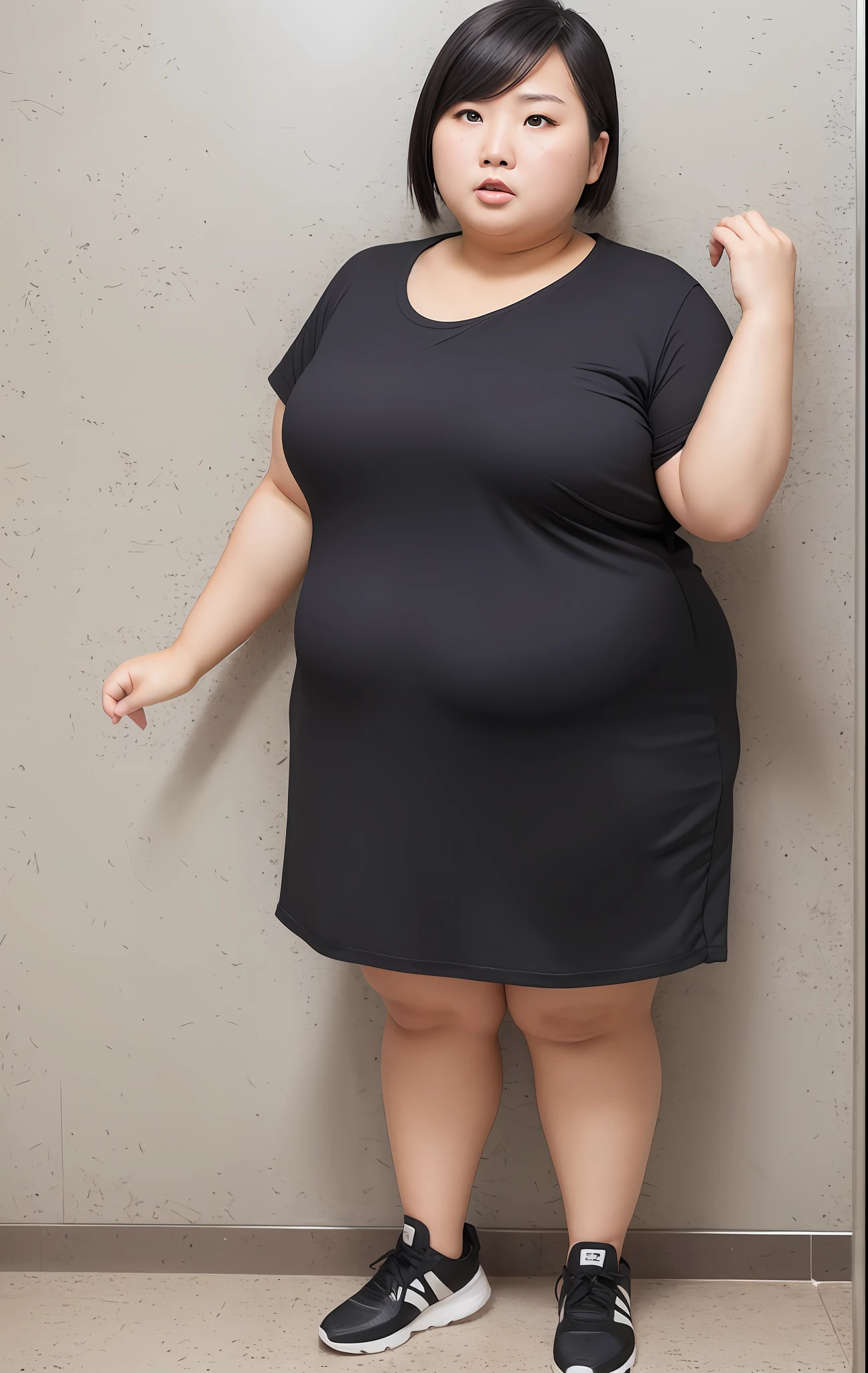 Beautiful face Fat female Asian Worried Annoyed Beautiful Full body photo Clean background