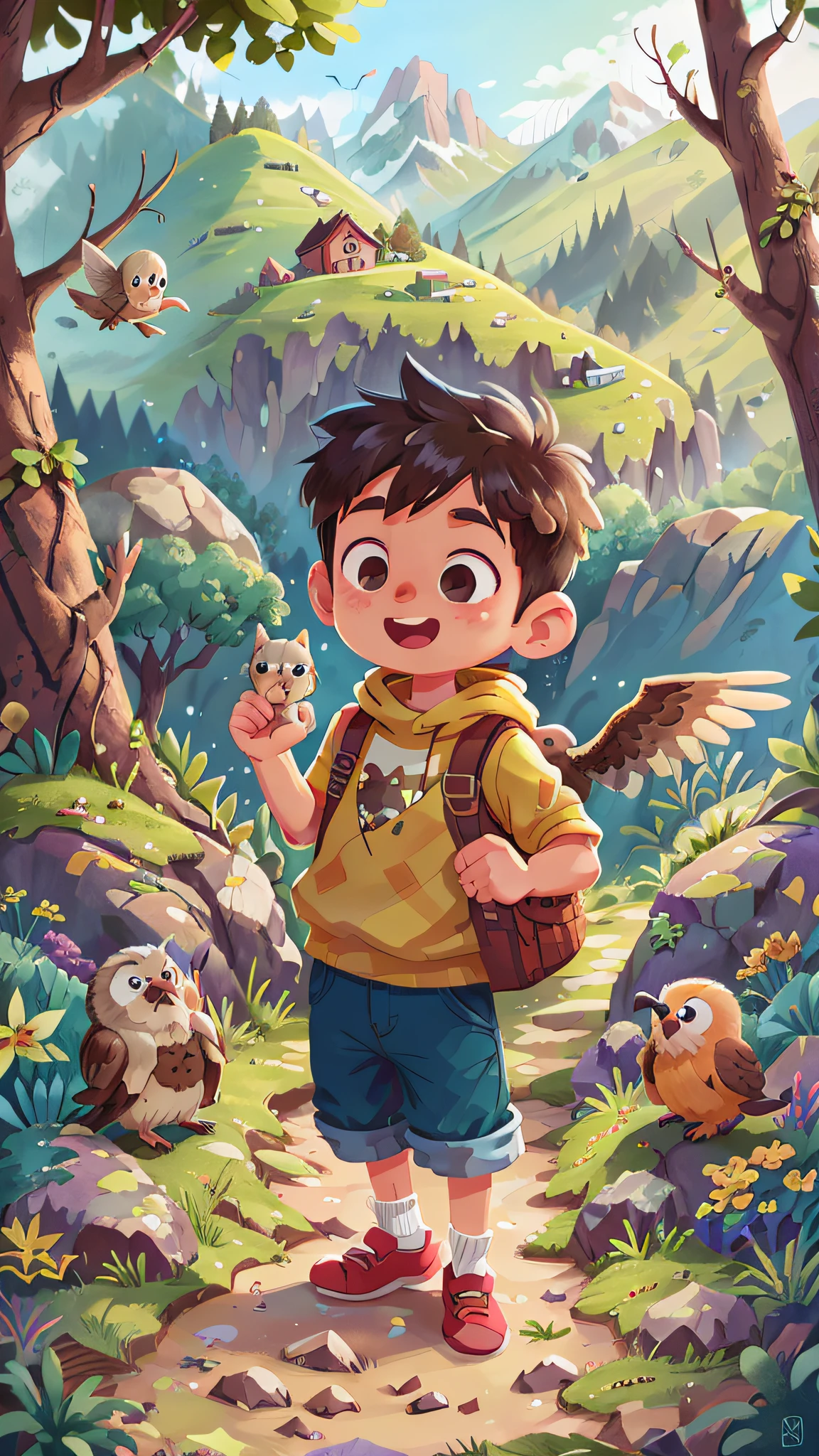 A boy, mountain path, many birds, happy, happy, perfect quality, clear focus (clutter - home: 0.8), (masterpiece: 1.2) (Realistic: 1.2) (Bokeh) (Best quality) (Detailed skin: 1.3) (Intricate details) (8K) (Detail Eyes) (Sharp Focus), (Happy)