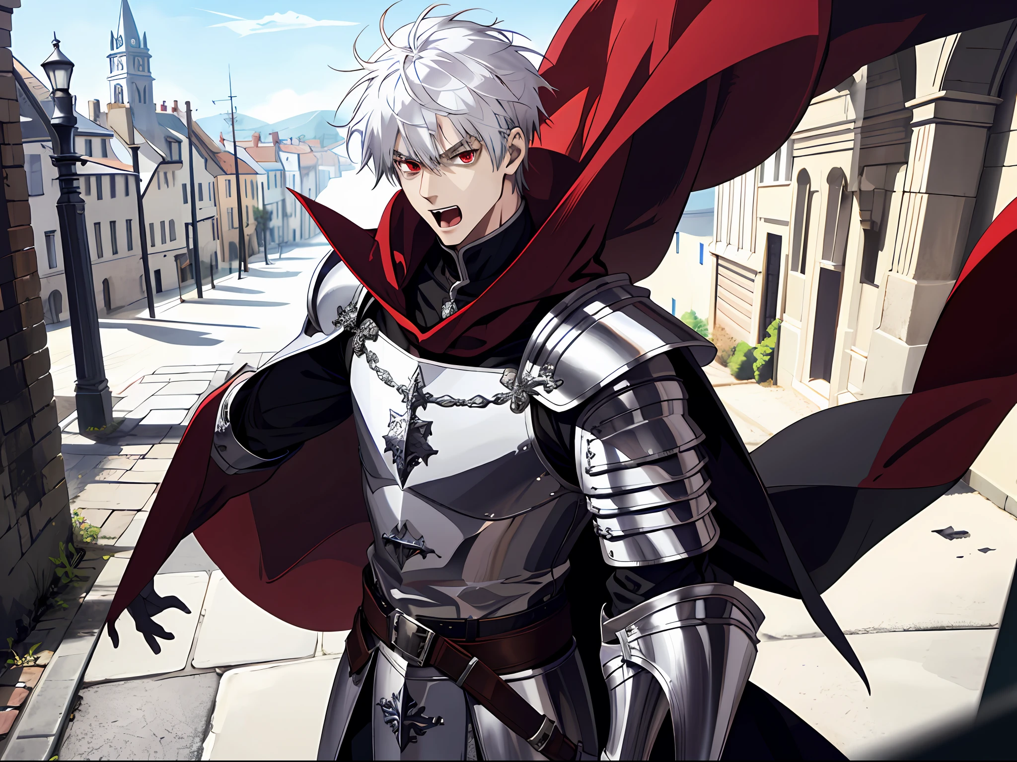 (ridiculous, high resolution, super detailed), (panorama), (1 male), tall, in silver armor, cape, red eyes, evil charm, short white hair, medieval style, town, square, (surprised), open mouth, fear,