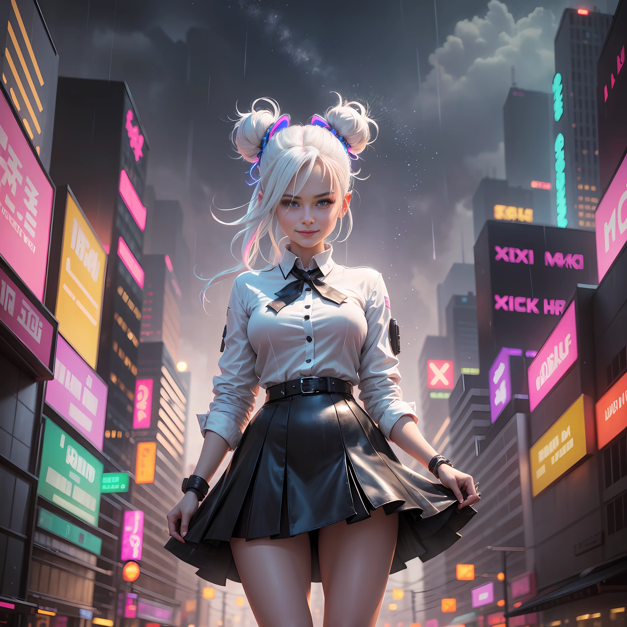 Cyberpunk City, A woman, appeal, jk, microskirt, white shirt, Neon lights, under rain, streaked hair, white hair, double bun, hair bow, hair ribbon, evil smile, Surrealism, high detail, cinematic lighting, motion blur, cowboy shot, UHD, anatomically correct --auto --s2