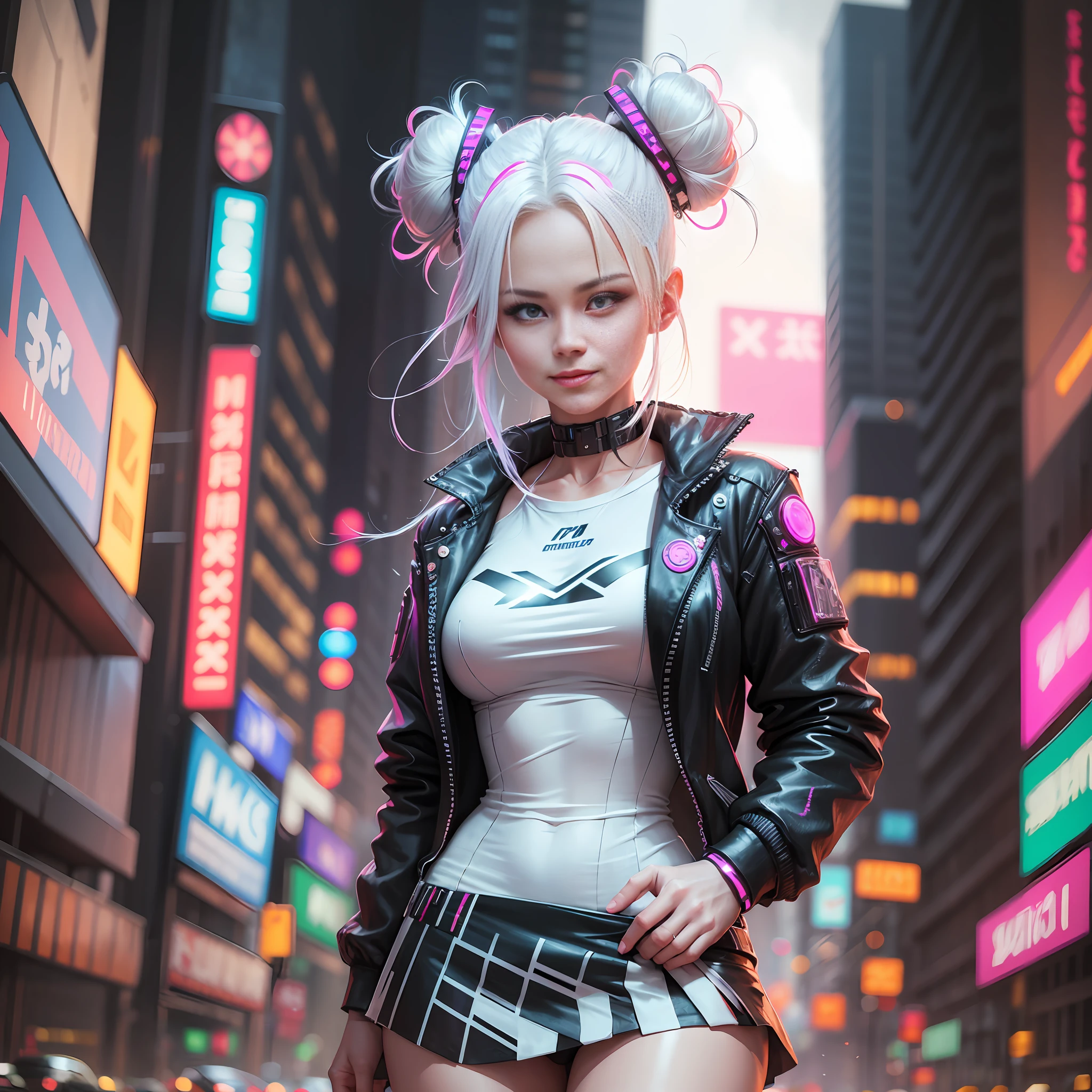 Cyberpunk City, A woman, appeal, jk, microskirt, white shirt, Neon lights, under rain, streaked hair, white hair, double bun, hair bow, hair ribbon, evil smile, Surrealism, high detail, cinematic lighting, motion blur, cowboy shot, UHD, anatomically correct --auto --s2
