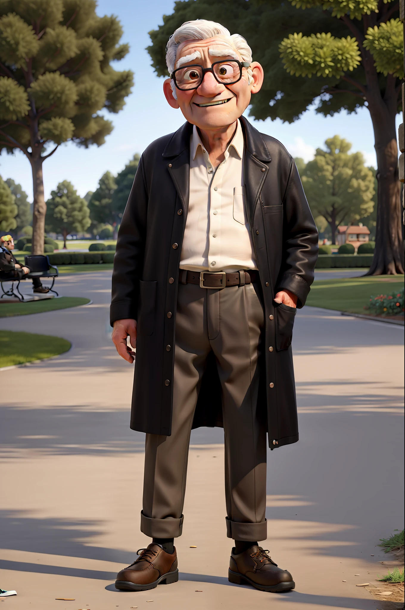 Masterpiece, best quality, an old man, wearing black leather coat, wearing jens pants, white sneakers, standing in the park ultra realistic high quality 8k image