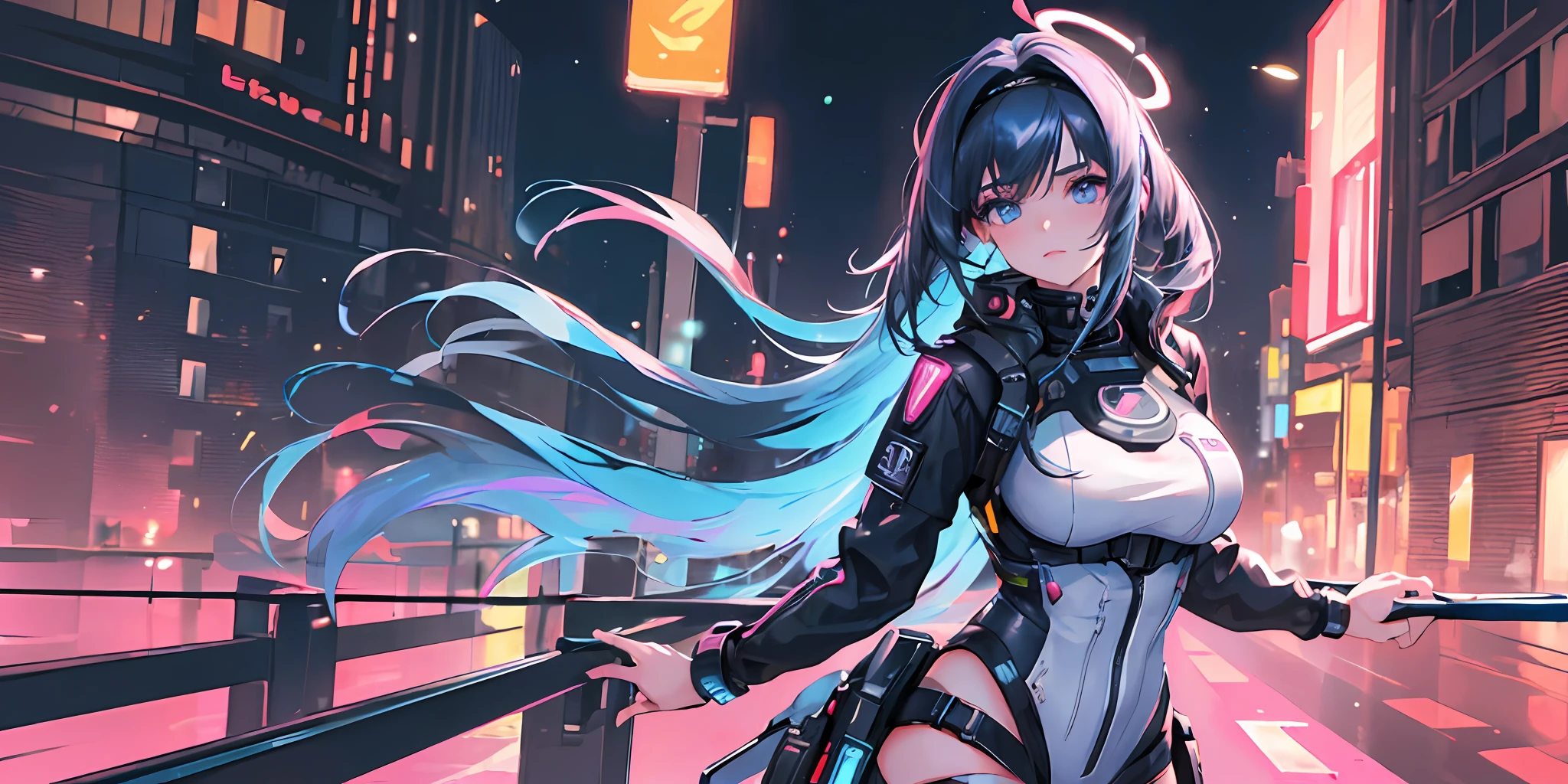 (masterpiece:1.5),(best quality:1.5),(ultra-detailed:1.5),illustration,(1girl:1.5),(solo:1.5),cyberpunk 2077,cityscape,concept art,nightcity,anime,lora,cowboy Camera, perfect face shape, radiant skin, long hair, beautiful detailed eyes, beautiful flowing hair, (hologram), (hologram: 1.2), (halo), lighting, ray tracing, outdoor, neon lights, light particles, absurd doctrine, hair accessories, headband, looking at viewer, ahoge, big breasts, (depth of field: 1.5),
