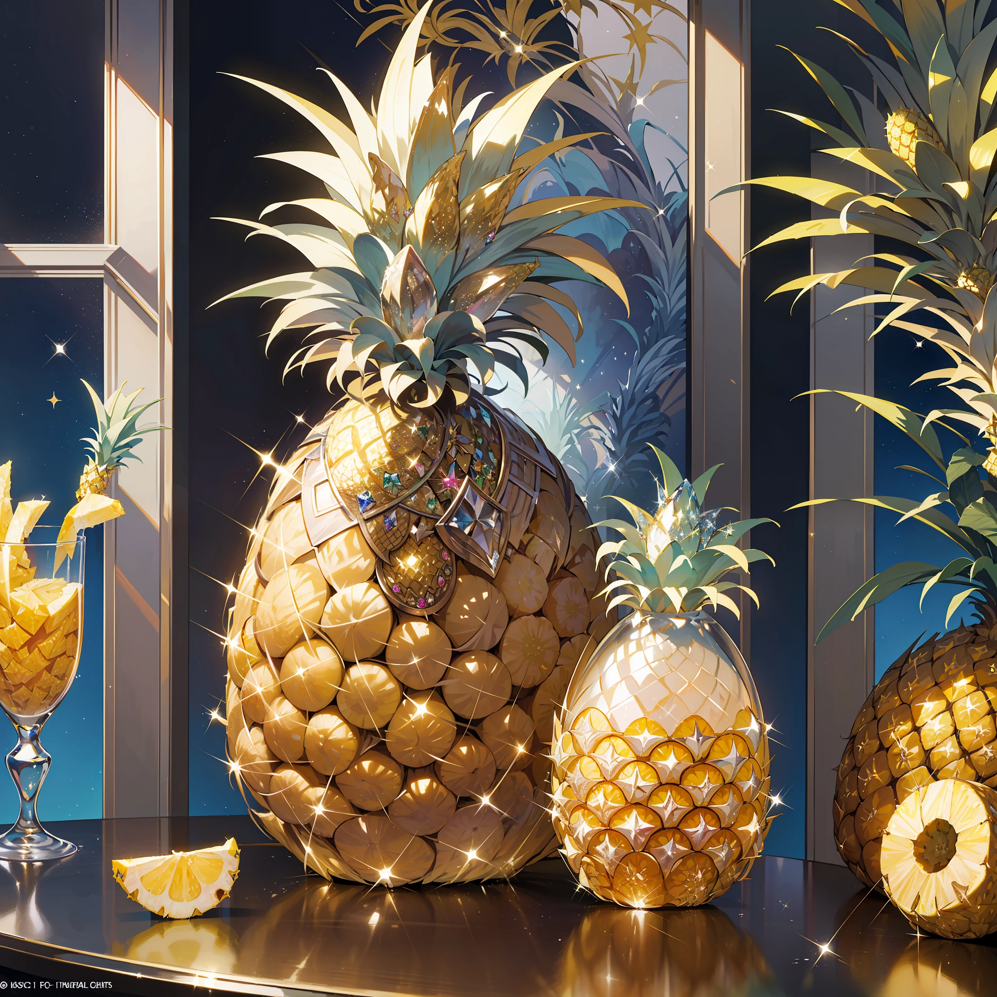 (Masterpiece, Best Quality, Best Quality, Official Art, Beautiful and Aesthetic: 1.2), (Pineapple: 1.3), (Sparkling Crystal: 1.3), Pineapple Made of Crystal, Pineapple, Crystal, Glitter Effect, Gradient, Looks Delicious