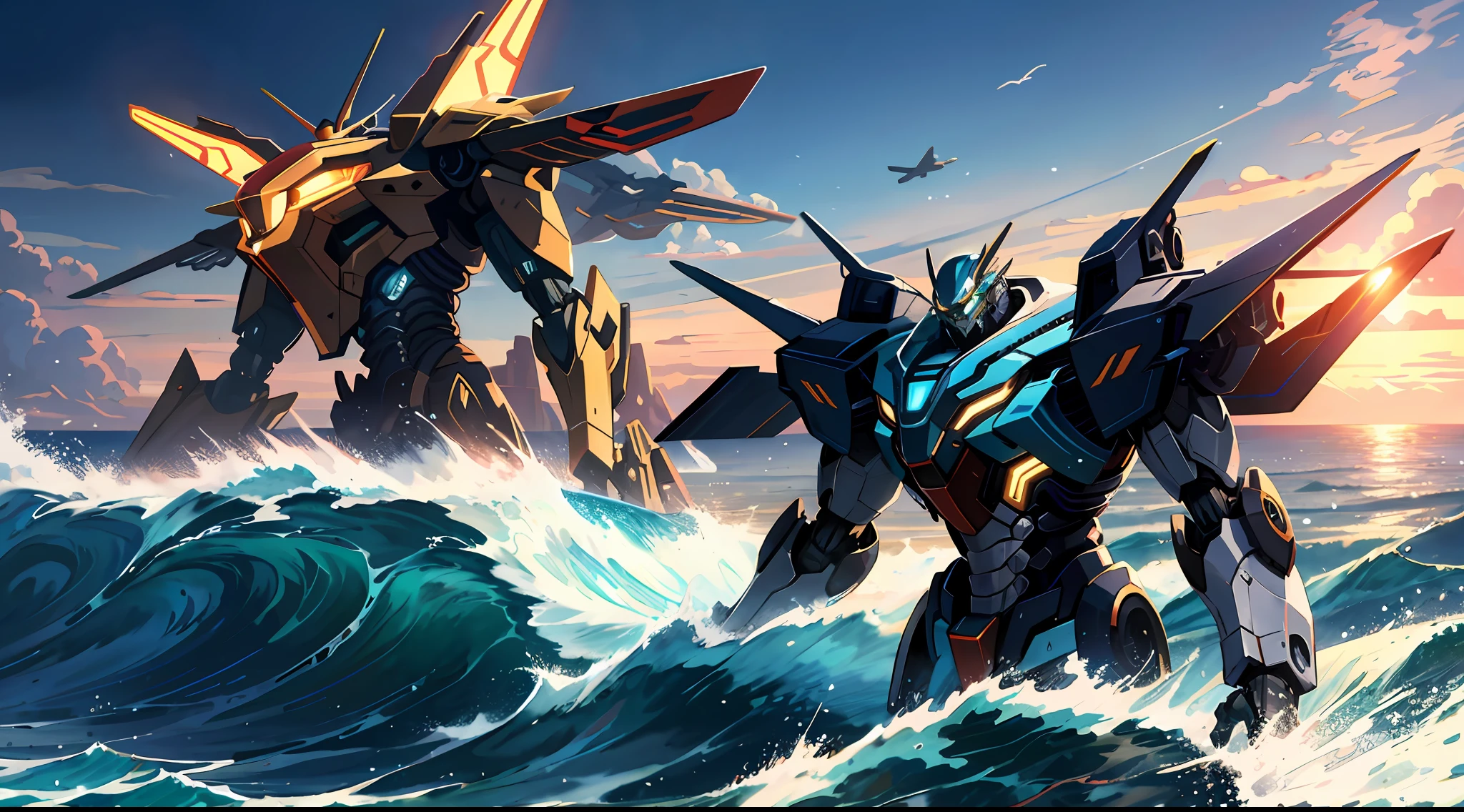 (HD, Best, Illustration Quality), Air, Sea, Air, Air, Heat, Top, Mecha Form Detail, Over the Ocean, Flight Attitude, Waves, Clouds, Lighting, Mecha Motion Line, Aerial Detail, Terrain Features, Dramatic Scene.