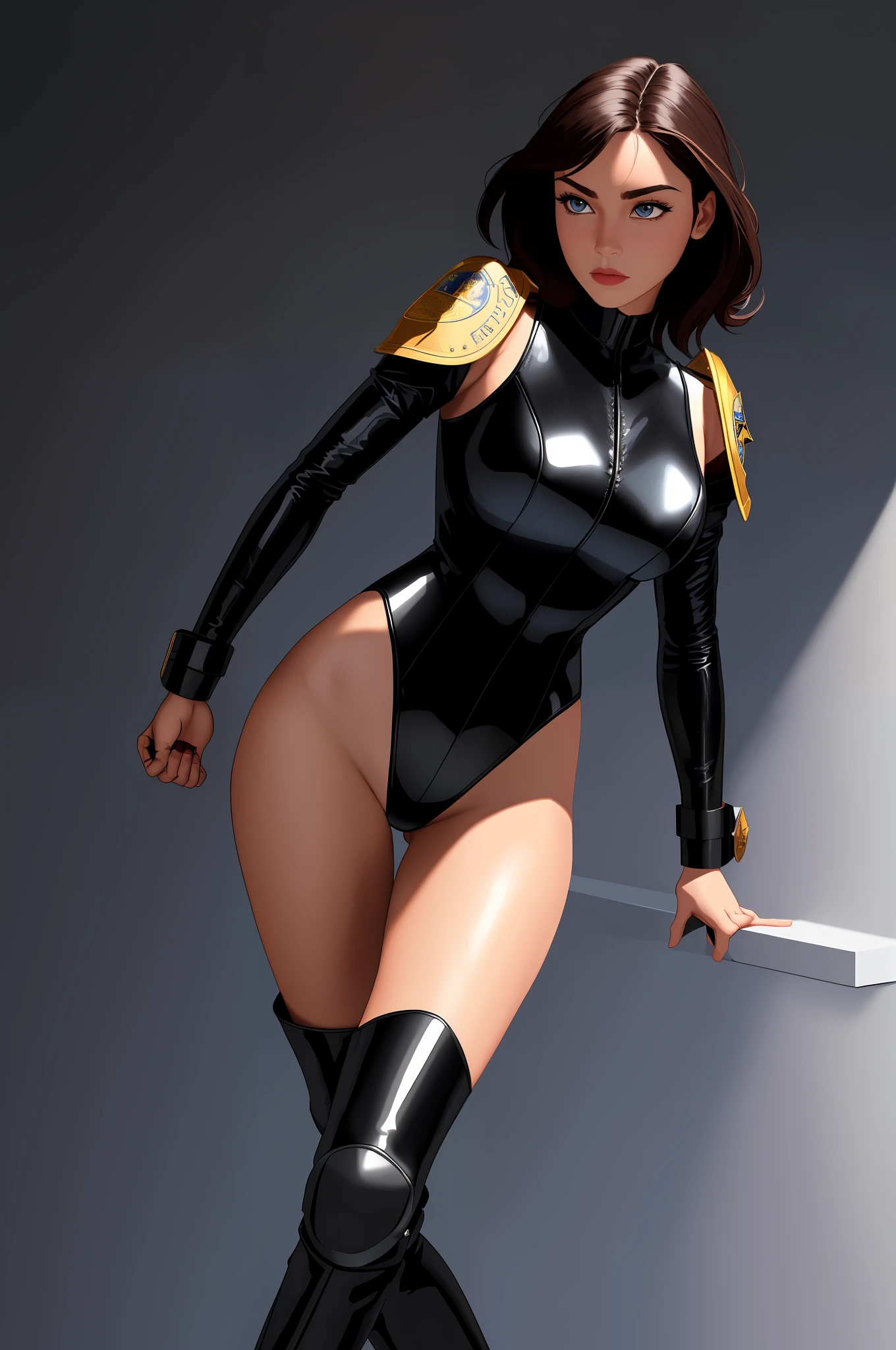 ((best quality)), ((masterpiece)), ((ultra realistic)), (dynamic heroic pose), ((1girl, solo)), English, beautiful detailed face, detailed eyes, sexy police officer, ((black leotard, police uniform)), white bracelets, high tech office backdrop, highly detailed, professional, bare legs, (full body costume design), standing, black hair, medium hair, brown eyes, (thigh-high matching boots), shoulder holster, shoulder pads, badge