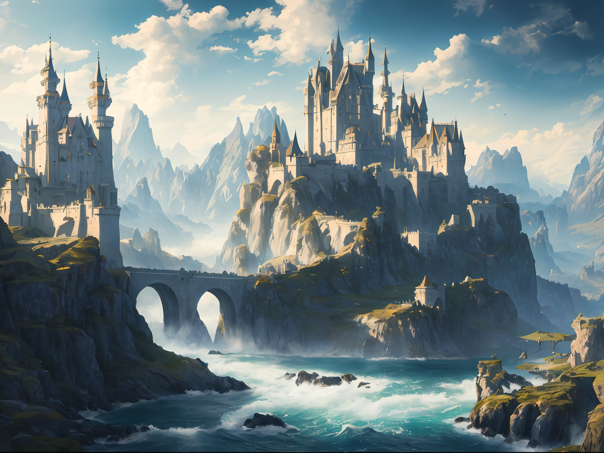 Masterpiece, best quality, high quality, extremely detailed CG unity 8k wallpaper, landscape, outdoor, sky, clouds, sky, no humans, mountains, landscape, water, trees, blue sky, waterfall, cliff, nature, lake, river, cloudy sky, award winning photography, background blur, depth of field, HDR, bloom, chromatic aberration, realism, very detailed, trends on artstation, trends on CGsociety, intricacies, high detail, drama, midway art, western-style castles