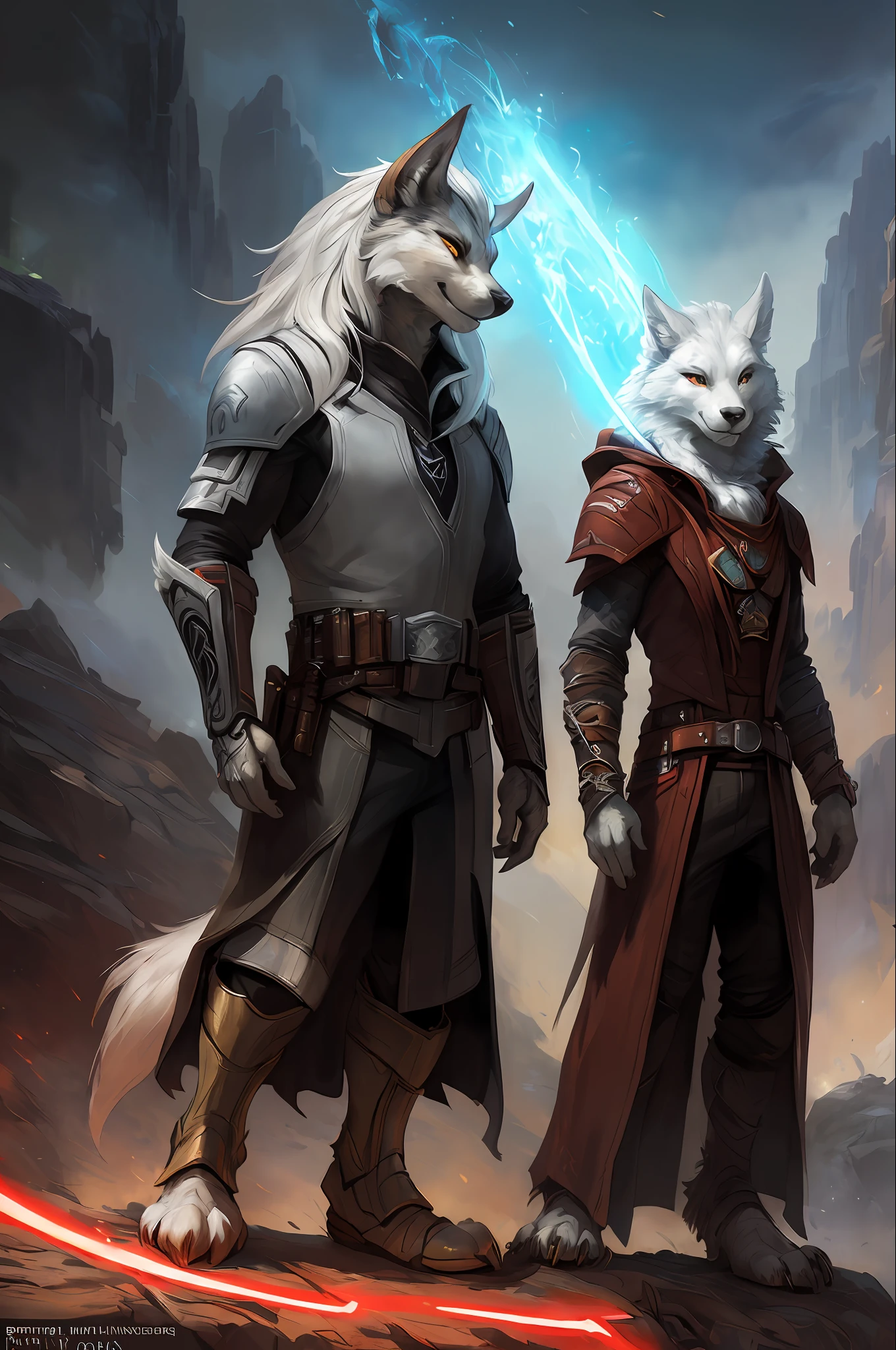 kenket, ross tran, ruan jia, bonifasko, a male silver wolf made out of (the sith lord), white mane of hairs, fantasy portrait, finely detailed mail suit, intricate design, leather, silk, cinematic lighting, 4k,