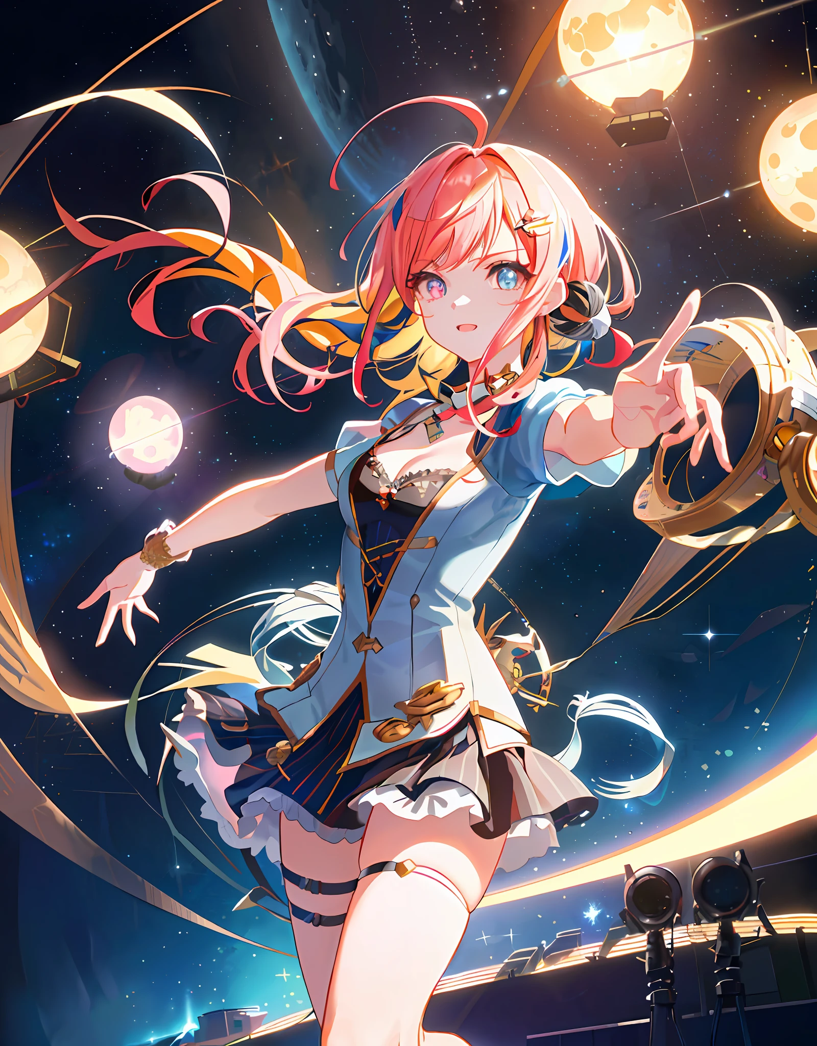 Anime CG, Hi-Res, Absurdity, 8k, Masterpiece, ((((Detailed Eyes and Detailed Face: 1.2), Dynamic Angle, (((Detailed Eyes and Detailed Face: 1.2)))))), (((Perfect Human Hand, Super Detailed Human Five Fingers)))), ((Perfect Human Foot)), Upper Body, 1 or 2 Girls, Wolf Ears, Wolf Tail, Pink Eyes, Hairs Between Eyes, (((((Wink)))), D Cup, cleavage, striped hair, ((Variegated hair color: 1))))), ((((Random hair color: 1)))), Variegated hairstyle: 1, Twin tails, ultra-detailed gradient hair, ((T-shirt with kagenari letters)))), professional designer, fashion leader, ruffled dress, Love Live, jewelry, best stage, climax, professional stage, ( Hold the microphone with your left hand and sing emotionally))), perfect singer, perfect singer, screaming, suffering, tears, sadness, overflowing emotions, best tears: 1.2, singer, vocalist: 1, idol, diva, (((Sing on the stage of the AI spaceship: 1.2)))), (((Sing on the stage of the AI spaceship: 1.2)))), (Sing on the deck of the AI spaceship: 1.2))), background, galaxy, universe, earth, planet, battle, war, explosion, ivory gold ai Get space spaceship))), professional stage, professional lighting, live lighting, distraction, fan service: 1, panchira, cute panties