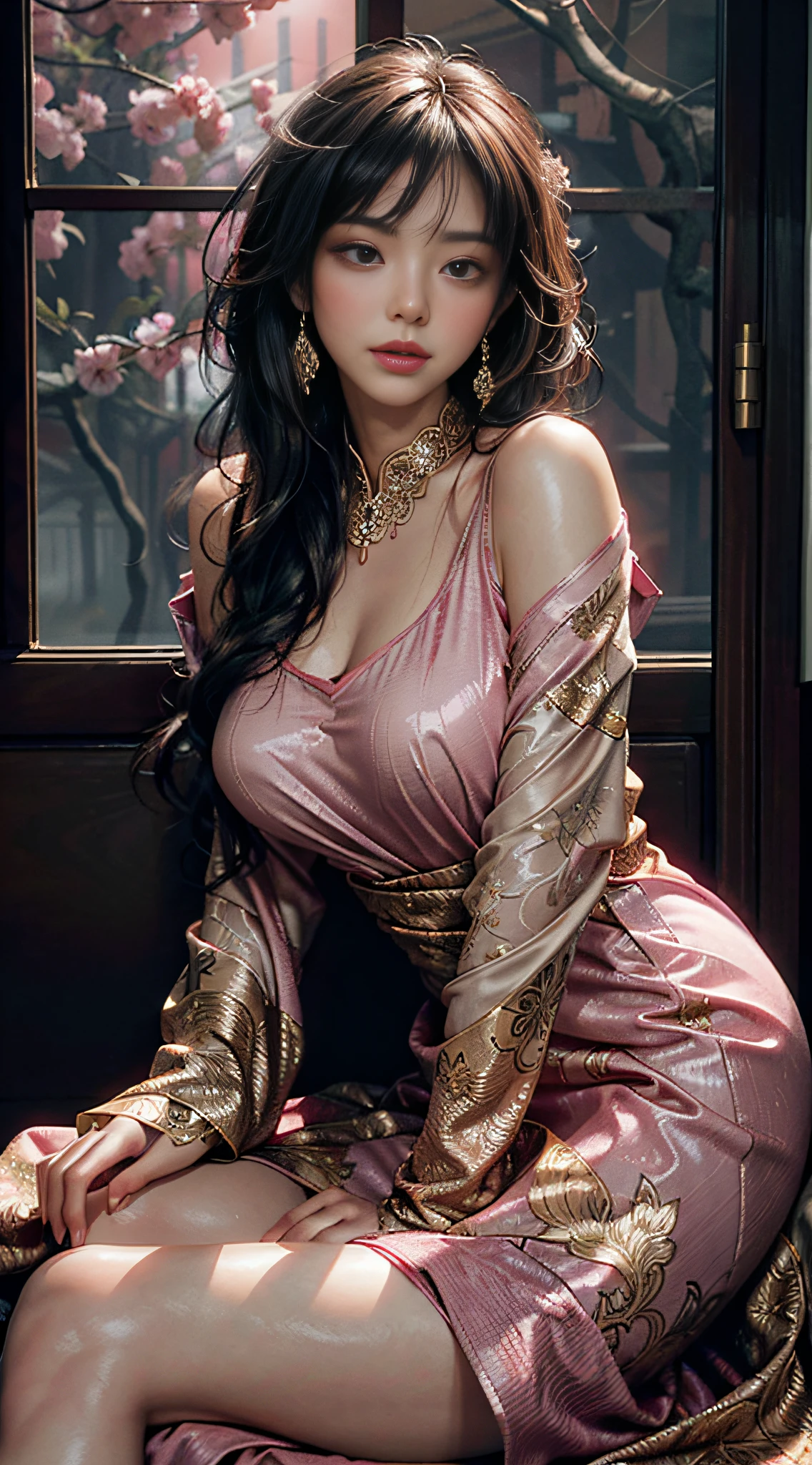 The art depicts a charming woman dressed in a flowing, silky traditional oriental dress, pink, decorated with intricate patterns and bright colors. Her dress drapes elegantly over her curvy figure, accentuating her seductive silhouette. She sat gracefully by the window, bathed in the soft glow of the moonlight on a quiet moonlit night. The scene exudes an ethereal and dreamy atmosphere, with a touch of mystery and sexiness. The graphic style blends watercolor and digital illustration techniques to evoke a refined beauty and charm. The lights are filled with soft moonlight, casting soft highlights and shadows on her charming features. Bare thighs, wearing tight pants, big breasts, three-dimensional facial features, sitting, legs up