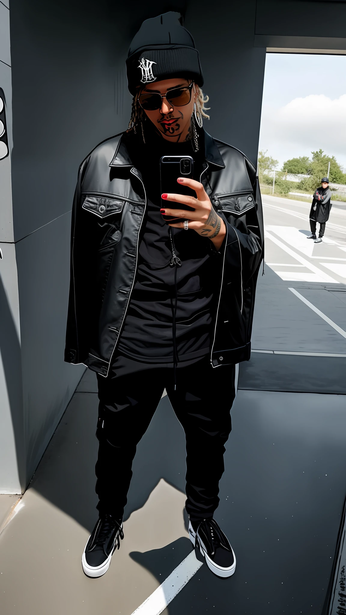arafed man in a blue hat and jacket taking a selfie, he is wearing a black, wearing black modern clothes, wearing black clothes, outfit photo, wearing in black clothes, with a beard and a black jacket, full body in frame, full body picture, wearing black, wearing a black jacket, with hands in pockets, wearing a fancy black jacket, full body shot, at checkout, wearing a baggy, bladee from drain gang, xxxtentacion, dreads, his hair is messy and unkempt, cyberpunk street goon, badass anime 8 k, scruffy looking, american man, caucasian man, european man, white man, blue eyes, chains, rings, lil peep, shinobi, alternate album cover, album cover!, xxxtentacion, album art cover, album art, new album cover, yung lean, music album cover, album cover, rap album cover, colored album art, hardops, arca album cover, an album cover, album artwork, sicko, trending, photo from a promo shoot, end of an era, official artwork, promo image, bladee from drain gang, naruto, anime style, 4k, 8k, high resolution, ultra resolution, steampunk, shades of light, shades of shadow, artwork, two tone lights, ultra detailed, black clothes, best image quality, masterpiece, incredible, vibrant, super high resolution, artwork, style, amazing, dark, shadow, punk, black, drawing, anime,