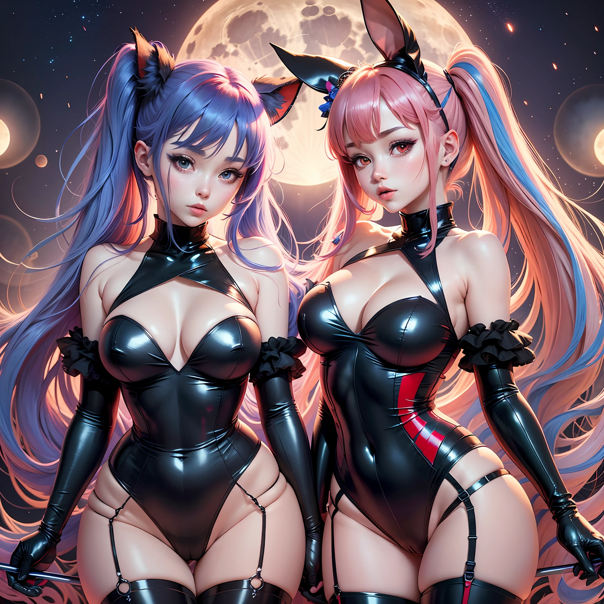 Bunny girl, red and blue hair, anime girl in sexy costume posing in front of full moon, two beautiful anime girls, anime girl, nightcore, anime style 4 K, best anime 4K Konachan wallpaper, two pure moons, twin tails, ultra hd anime wallpaper, 4k anime wallpaper --auto --s2