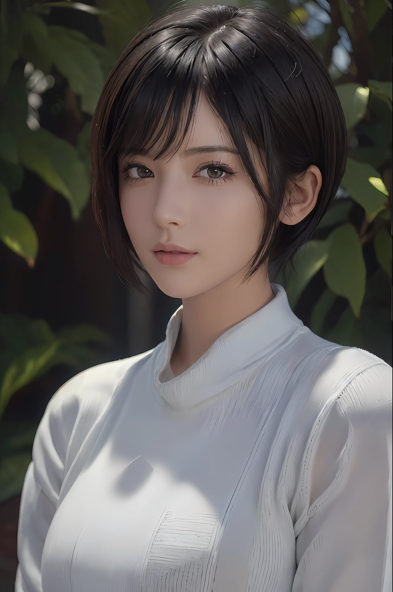 (masterpiece:1.3), (8k, photorealistic, RAW photo, best quality: 1.4), (1girl), beautiful face, (realistic face), (black hair, short hair:1.3), beautiful hairstyle, realistic eyes, beautiful detailed eyes, (realistic skin), beautiful skin, (sweater), absurdres, attractive, ultra high res, ultra realistic, highly detailed, golden ratio