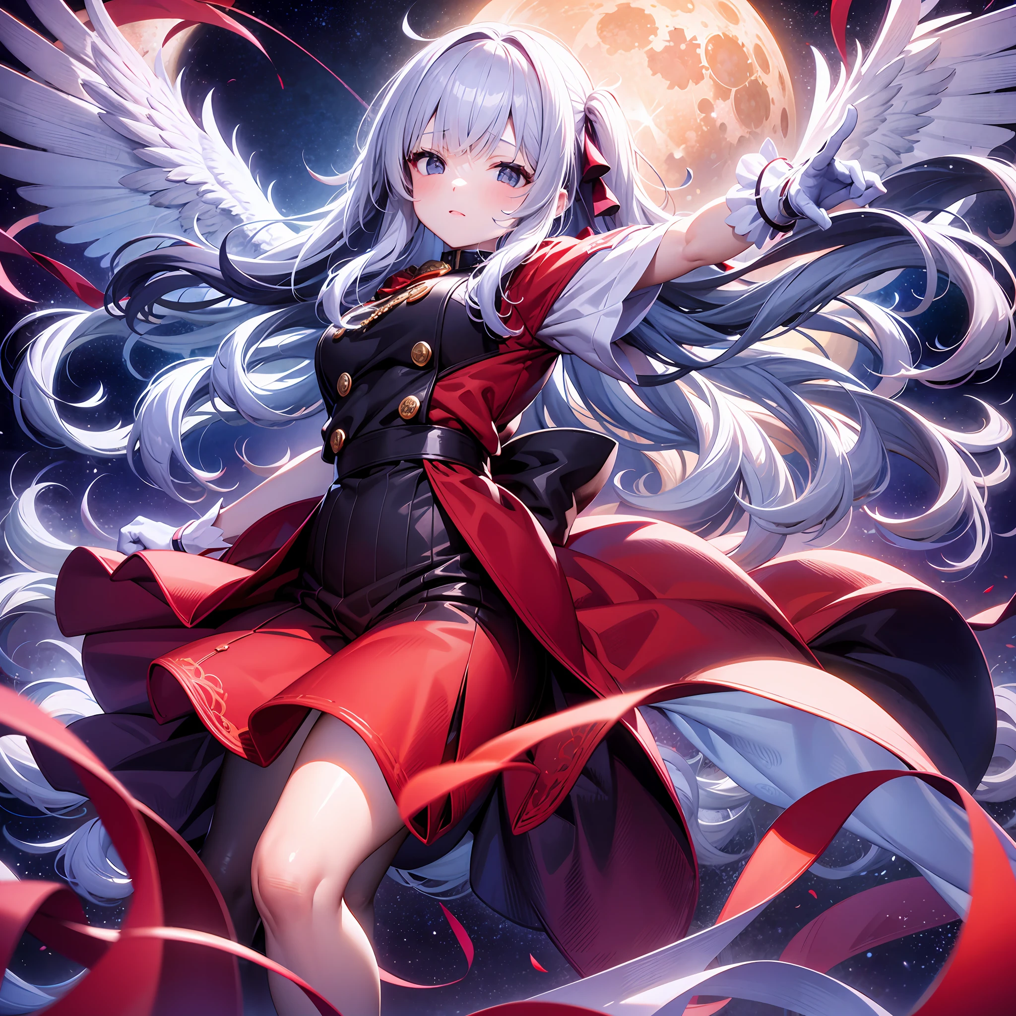 [(white background:1.5)::5], wide shot, full body, 1girl, eternal moon, night sky, wind blowing, cinematic, ((flowers in the colors: red and blue)), ((colors of clothing: white, silver, with red jewels)), detailed face, face focus, shiny skin, game cg, synthwave sky, moonlight, moon, (wings 1.5), white gloves, magical girl, flying,great lighting, mountain in the back, swirls, absurdres,intricate detail, sharp focus, blurred foreground, (blush:0.5), (goosebumps:0.5), subsurface scattering, rogue,