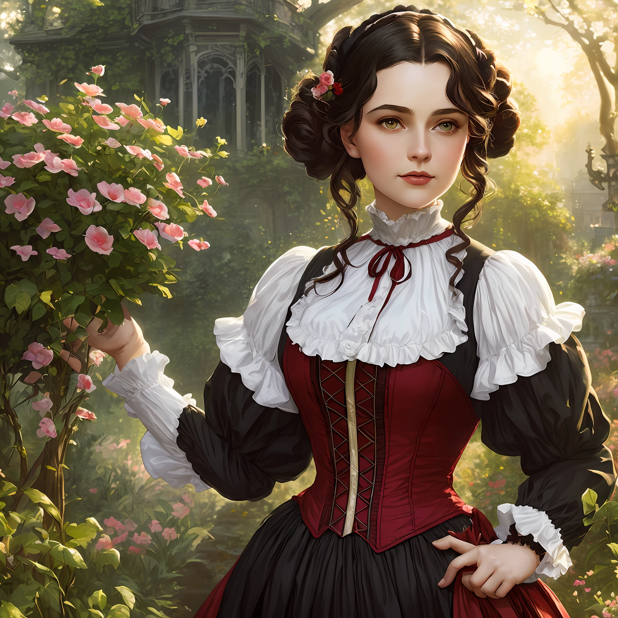 masterpiece one stunning delicate and curvy young woman 20 years old, wearing british victorian lady riding outfit, red riding dress, ruddy skin, dark brown straight medium hair, detailed perfect almond-shaped emerald green eyes, perfect sensual and full lips, resemblance to scarlett ohara, ((sunny victorian mansion garden background)), full body, cover, hyperdetailed painting, luminism, Bar lighting, complex, 4k resolution concept art portrait by Greg Rutkowski, Artgerm, WLOP, Alphonse Mucha: a stunning realistic photograph 18 years
