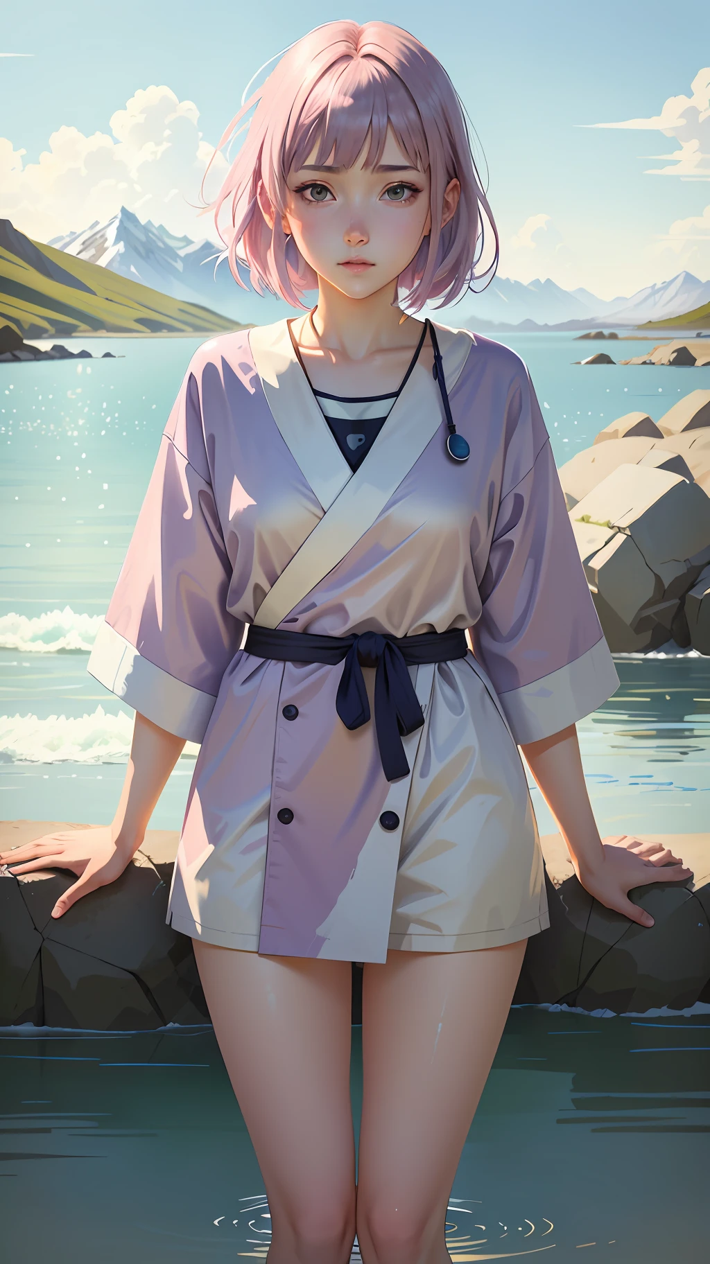 ( Watercolor : 1.5 ), sunlight , full body portrait ((wet)), ((hinata hyuga:1.5 from naruto)), dynamic posing, (detailed face), vicissitudes of wise eyes, wrinkles, peaceful old man meditating by the lake, an abandoned research facility on a remote Arctic island, (very detailed background, detailed face, detailed complex busy background: 0.8), messy, gorgeous, pastel colors, by artist ilya Designed by Kuvshinov and artist Serov Valenti
