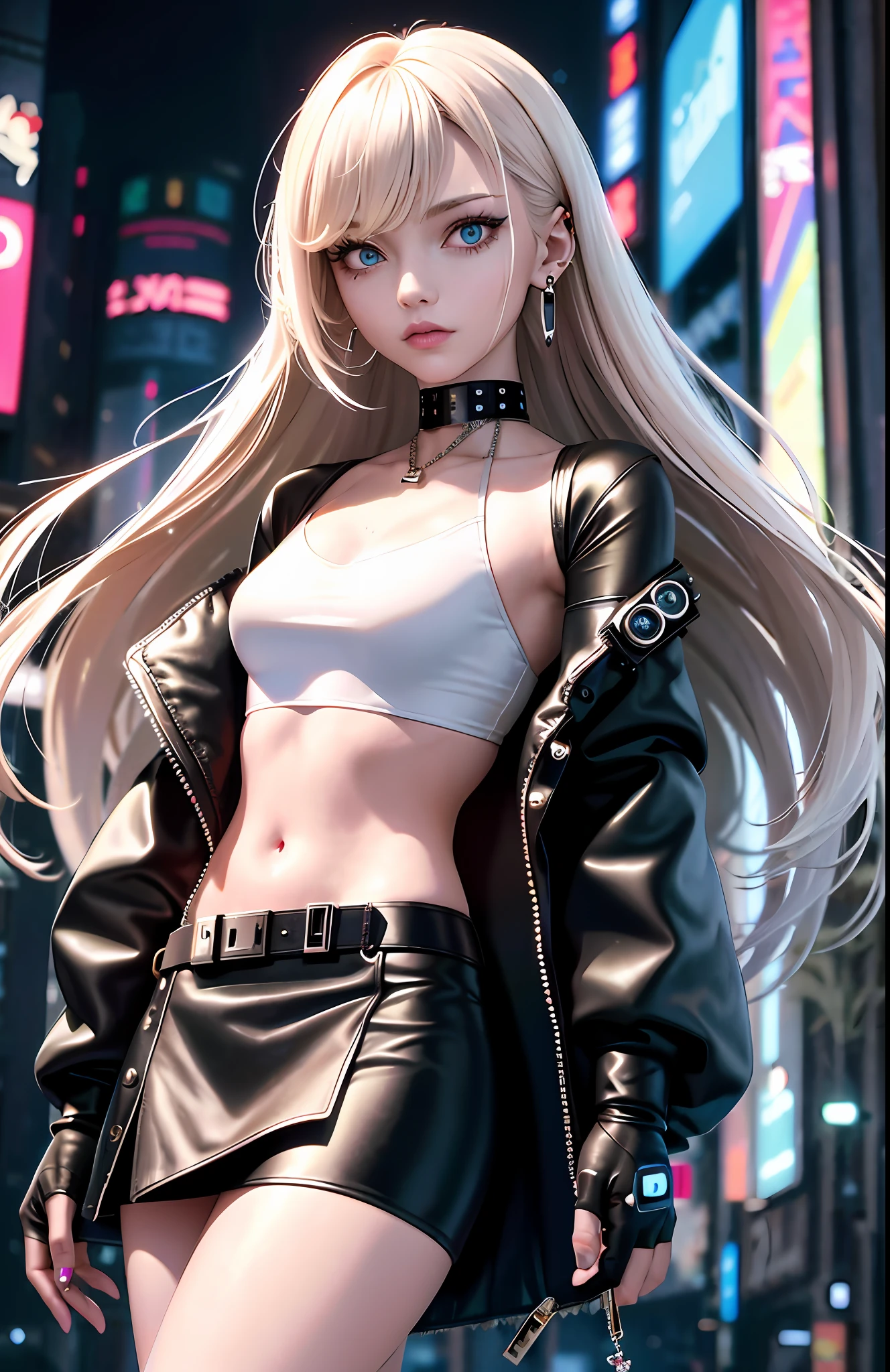 Best, Masterpiece, High Resolution, Best Quality, Ultra HD, Super Detail, Award-Standing, 16k, Solo, (Upper Body), Anatomically Correct, Beautiful Maiden, Cute Face, Highlights, Gradient Beige Hair, Hair Strands, ((Heterochromia)), Long Eyelashes, Hanging Eye Corners, Fair Skin, (Small), (Slim Body), ((Cyberpunk Clear Plastic Coat)), ((Cyberpunk Style Skirt)), Stud Earrings, (Neck Rings), Very, Very Short Gloves