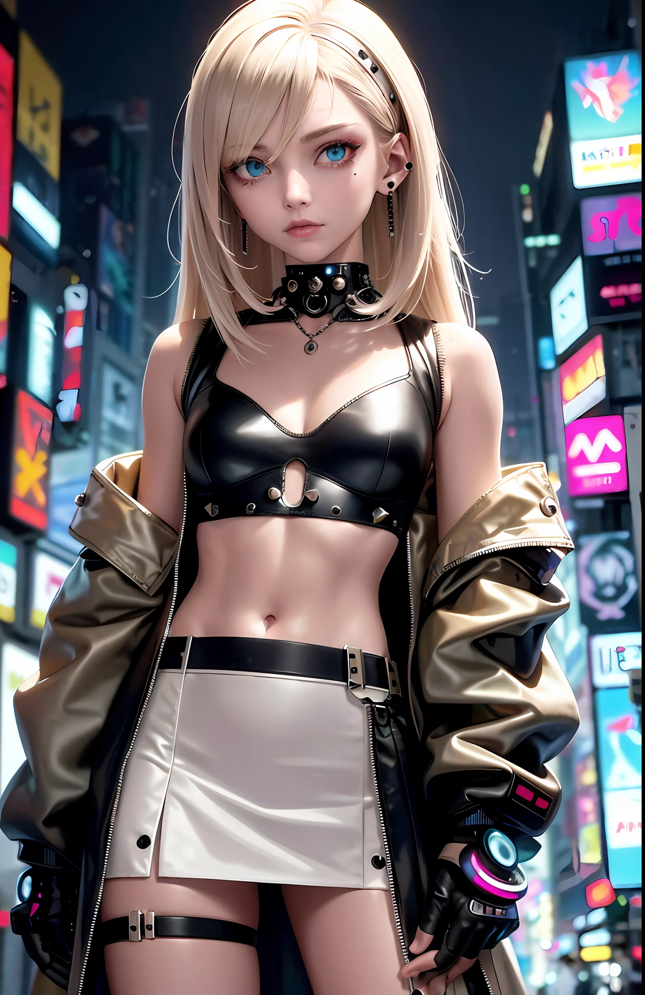 Best, Masterpiece, High Resolution, Best Quality, Ultra HD, Super Detail, Award-Standing, 16k, Solo, (Upper Body), Anatomically Correct, Beautiful Maiden, Cute Face, Highlights, Gradient Beige Hair, Hair Strands, ((Heterochromia)), Long Eyelashes, Hanging Eye Corners, Fair Skin, (Small), (Slim Body), ((Cyberpunk Clear Plastic Coat)), ((Cyberpunk Style Skirt)), Stud Earrings, (Neck Rings), Very, Very Short Gloves