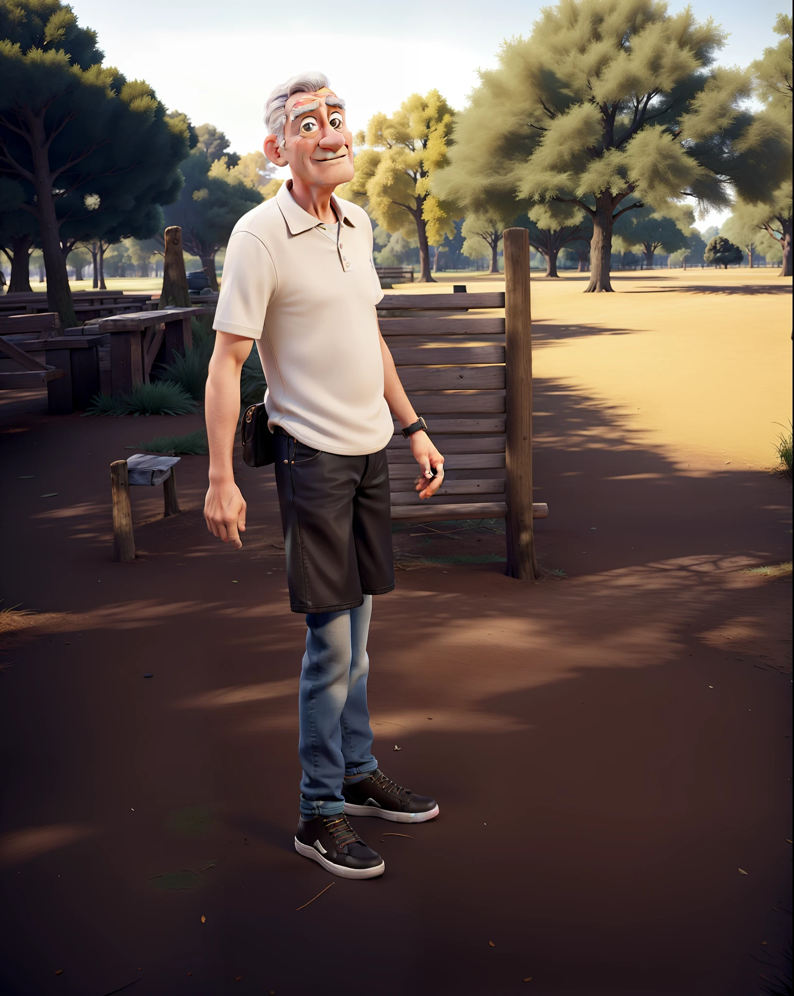 "Masterpiece, great quality, ultra realistic in high definition 8k, with an elderly man in black leather coat, jeans and white sneakers in the park, natural environment, dynamic scenery, wonderful balance of light and shadow."