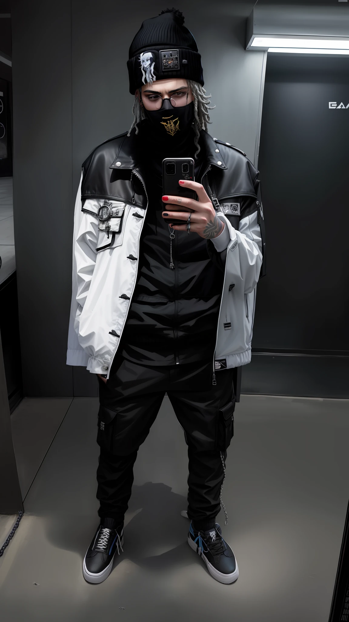 arafed man in a blue hat and jacket taking a selfie, he is wearing a black, wearing black modern clothes, wearing black clothes, outfit photo, wearing in black clothes, with a beard and a black jacket, full body in frame, full body picture, wearing black, wearing a black jacket, with hands in pockets, wearing a fancy black jacket, full body shot, at checkout, wearing a baggy, bladee from drain gang, xxxtentacion, dreads, his hair is messy and unkempt, cyberpunk street ????, badass anime 8 k, scruffy looking, american man, caucasian man, european man, white man, blue eyes, chains, rings, lil peep, shinobi, alternate album cover, album cover!, xxxtentacion, album art cover, album art, new album cover, yung lean, music album cover, album cover, rap album cover, colored album art, hardops, arca album cover, an album cover, album artwork, sicko, trending, photo from a promo shoot, end of an era, official artwork, promo image, bladee from drain gang, naruto, anime style, 4k, 8k, high resolution, ultra resolution, steampunk, shades of light, shades of shadow, artwork, two tone lights, ultra detailed, black clothes, best image quality, masterpiece, incredible, vibrant, super high resolution, artwork, style, amazing, dark, shadow, punk, black, drawing, anime,