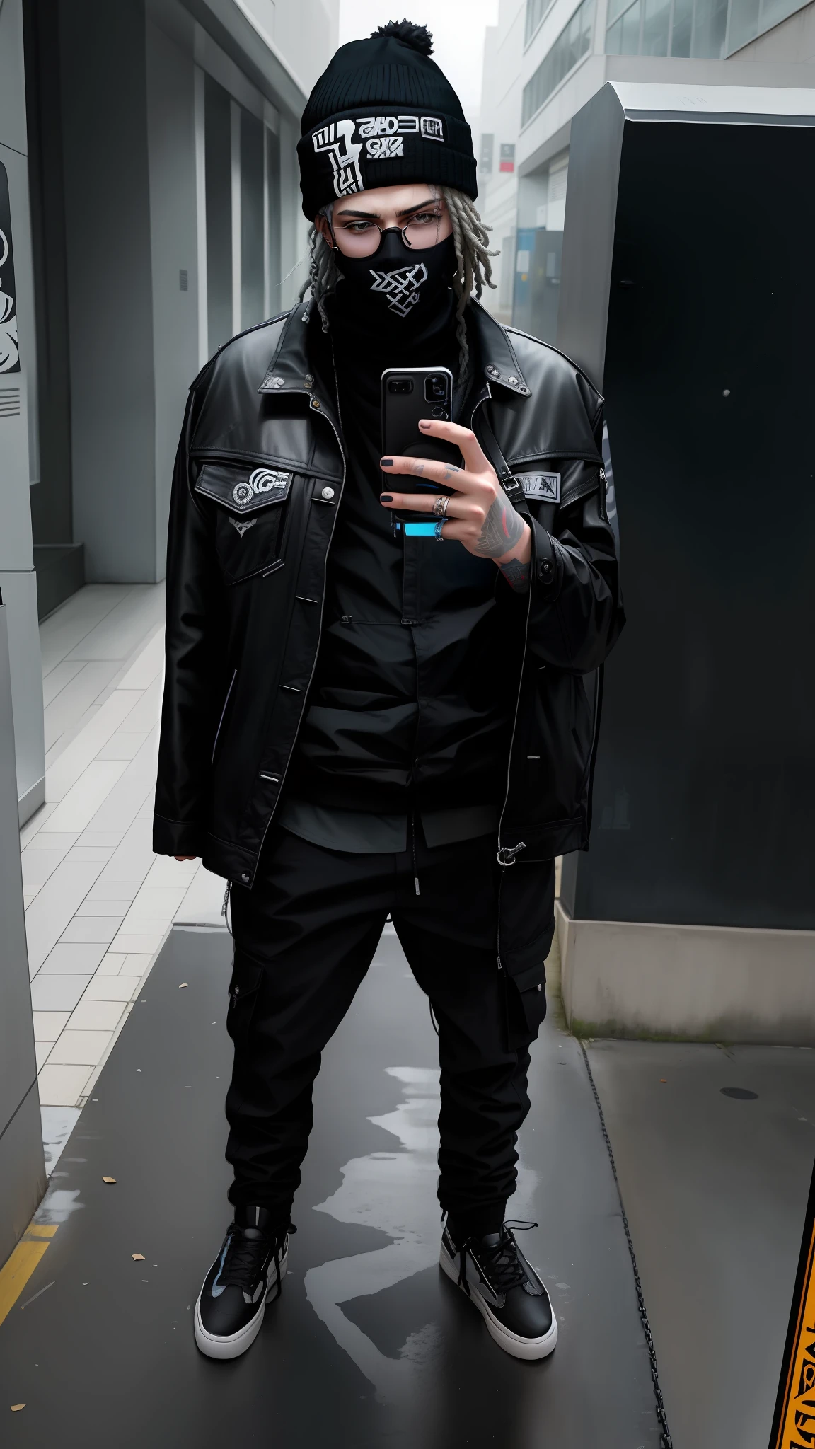 arafed man in a blue hat and jacket taking a selfie, he is wearing a black, wearing black modern clothes, wearing black clothes, outfit photo, wearing in black clothes, with a beard and a black jacket, full body in frame, full body picture, wearing black, wearing a black jacket, with hands in pockets, wearing a fancy black jacket, full body shot, at checkout, wearing a baggy, bladee from drain gang, xxxtentacion, dreads, his hair is messy and unkempt, cyberpunk street goon, badass anime 8 k, scruffy looking, american man, caucasian man, european man, white man, blue eyes, chains, rings, lil peep, shinobi, alternate album cover, album cover!, xxxtentacion, album art cover, album art, new album cover, yung lean, music album cover, album cover, rap album cover, colored album art, hardops, arca album cover, an album cover, album artwork, sicko, trending, photo from a promo shoot, end of an era, official artwork, promo image, bladee from drain gang, naruto, anime style, 4k, 8k, high resolution, ultra resolution, steampunk, shades of light, shades of shadow, artwork, two tone lights, ultra detailed, black clothes, best image quality, masterpiece, incredible, vibrant, super high resolution, artwork, style, amazing, dark, shadow, punk, black, drawing, anime,