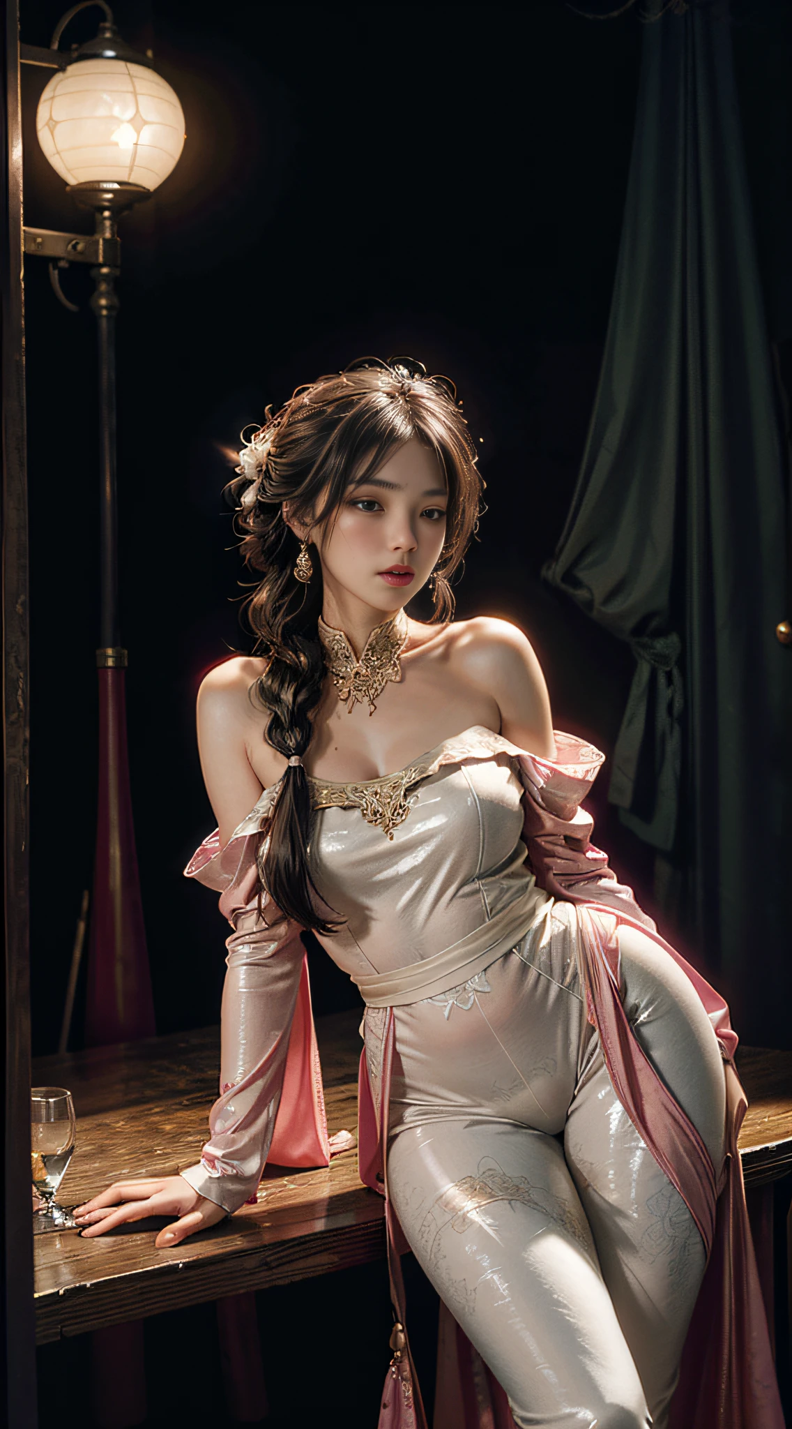 The art depicts a charming woman in a flowing, silky traditional oriental dress in pink, tight translucent trousers, decorated with intricate patterns and bright colors. Her dress drapes elegantly over her curvy figure, accentuating her seductive silhouette. She stood gracefully in the quiet moonlit night, bathed in the soft glow of the moonlight. The scene exudes an ethereal and dreamy atmosphere, with a touch of mystery and sexiness. The graphic style blends watercolor and digital illustration techniques to evoke a refined beauty and charm. The lights are filled with soft moonlight, casting soft highlights and shadows on her charming features. Bare thighs, wearing tight translucent pants, large breasts, three-dimensional facial features, sitting, upturned legs, side braids