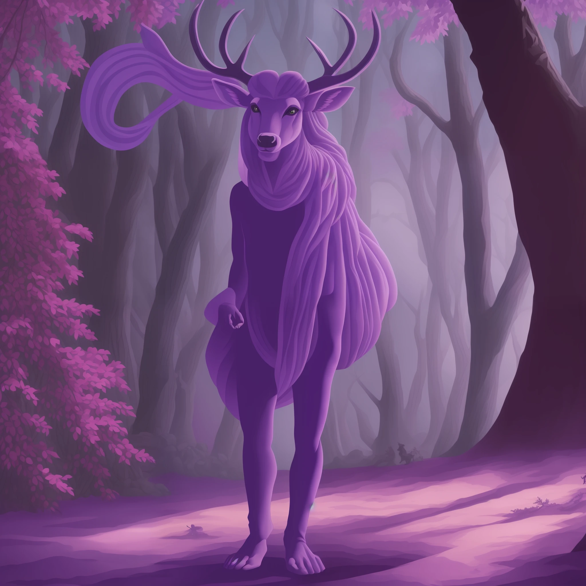 (masterpiece), (best quality: 1.4) a deer woman ((full-body pose)) in a magical environment with shimmering pink and purple blue, perfect shadow, dark creature, dark horror, art, masterpiece, ultra-detailed, award-winning cover album, masterpiece, 8k, high resolution, highest texture, --v6