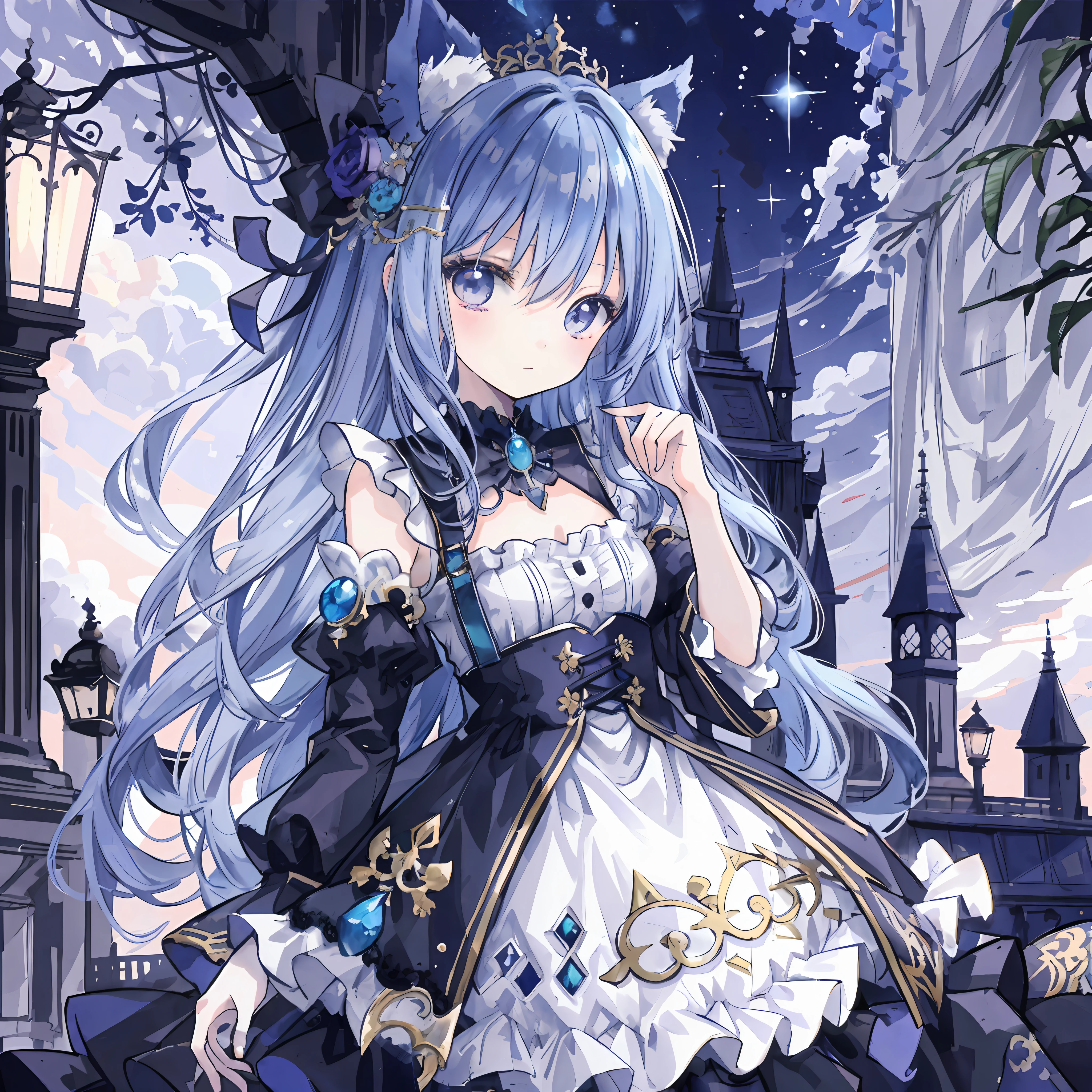anime girl with blue hair and a white dress in front of a castle, beautiful fantasy anime, high detailed official artwork, cute anime waifu in a nice dress, detailed key anime art, nightcore, trending on artstation pixiv, 8k high quality detailed art, intricate ornate anime cgi style, very beautiful anime cat girl, anime style 4 k, detailed anime art
