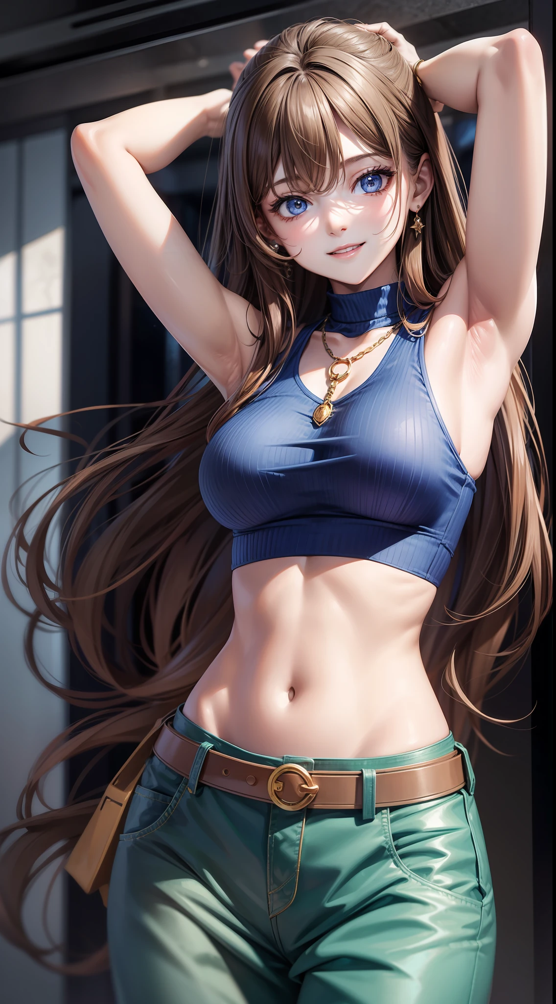 Young girl, long brown hair, blue eyes, blue top, sleeveless, open arms, open belly, chest neckline, pants, smile, masterpiece, high quality