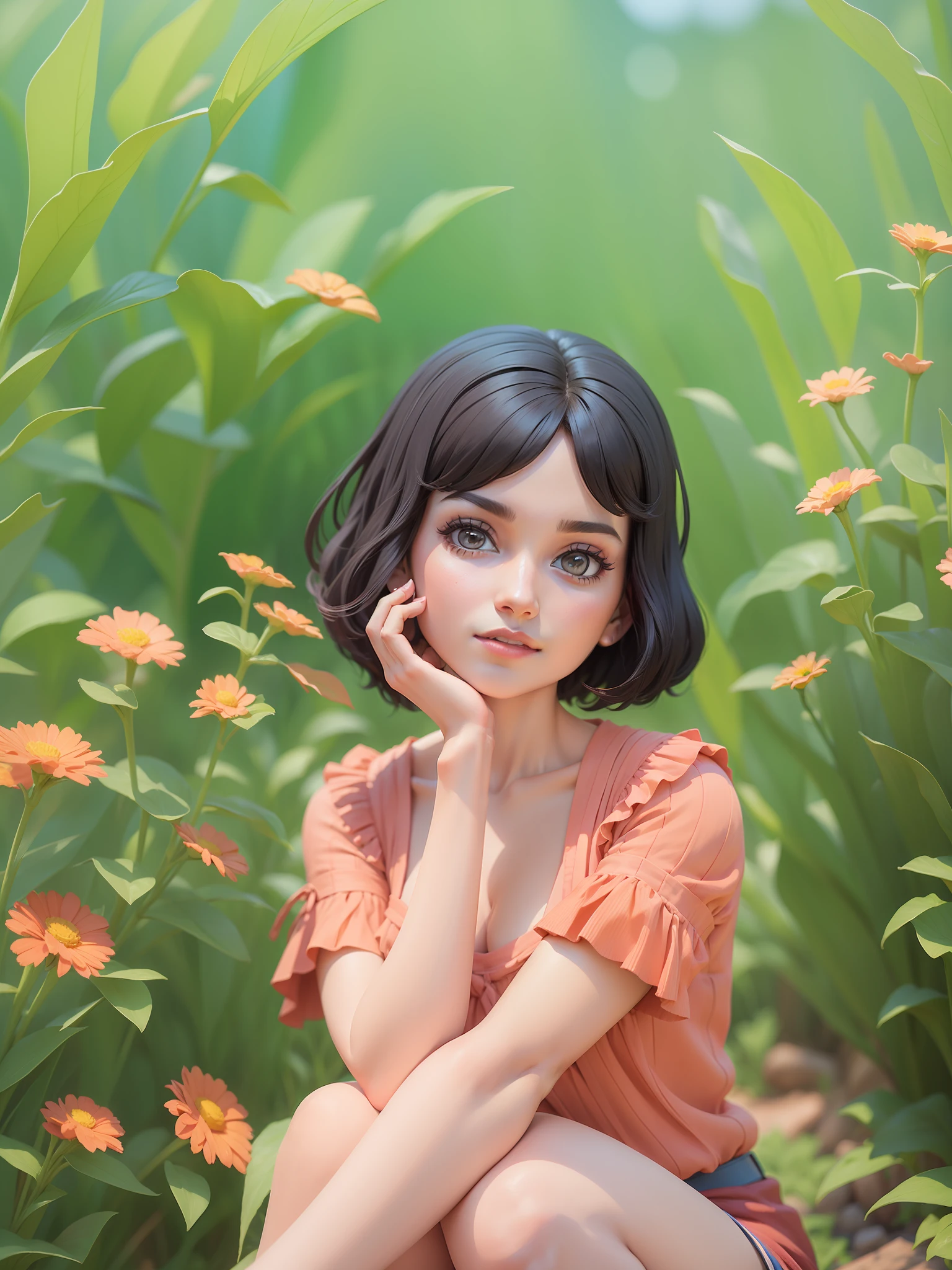 A young beautiful woman from Disney with short black hair, clay Q version