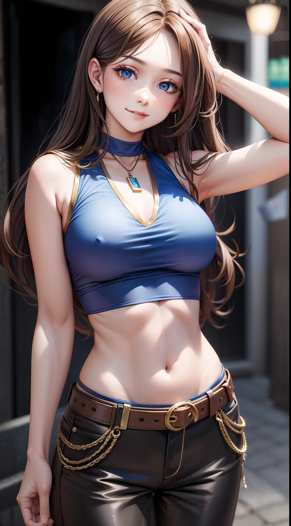 Young girl, long brown hair, blue eyes, blue top, sleeveless, open arms, open belly, chest neckline, pants, smile, masterpiece, high quality